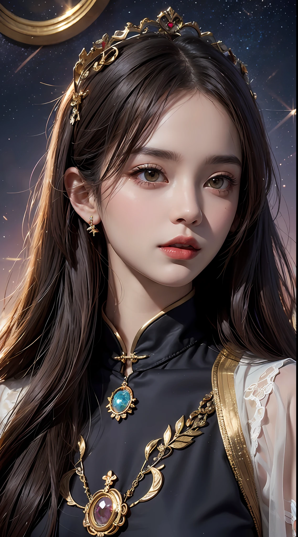 1 27-year-old girl, 1 zodiac goddess from the future, goddess of the pink and purple 12 zodiacs, the goddess of the zodiac in a yellow ao dai, a 12 zodiac ao dai with many black lace detail, mythology Goddess of the 12 zodiacs from the future, zodiac ♏, luxurious glittering zodiac style, dark and mysterious version, zodiac crown, lipstick lips red, thin and beautiful lips, mouth closed, characters made by karol bak and pino daeni, intricate detail, detailed background, extremely detailed, light magic, a woman, clear face, hair long with bangs, beautiful face in detail and well-proportioned eyes, (transparent yellow eyes: 1.8), big round eyes and very beautiful and detailed makeup, foresight, silk dress, mysterious makeup , double bangs and dyed light blonde , upper half portrait, zodiac goddess portrait, arms hanging loosely, Realistic and vivid photo, (stars make up the zodiac: 1.7), (sky background zodiac and fictitious space and time portal: 1.8), fiction art, RAW photo, hanfu picture, best photo, best photo quality, 8k quality, 8k ulta, super realistic, real photo most economical,