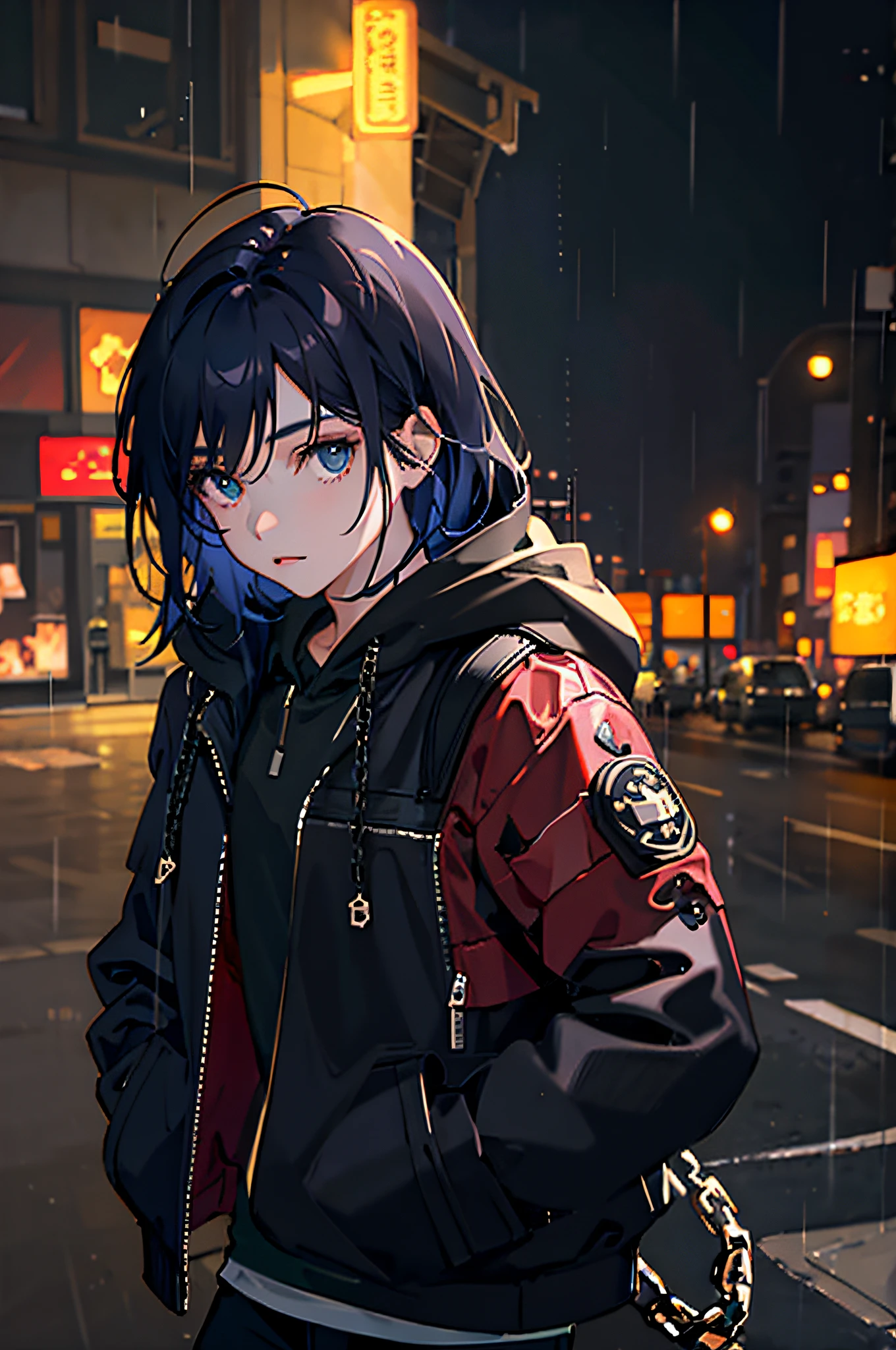 1girl, jacket, rain, outdoor, hoodie, open jacket, chain, backpack, looking at another, messy hair, trending on artstation, 8k resolution, highly detailed, anatomically correct, sharp image, digital painting, concept art, trending on pixiv, style of makoto shinkai,