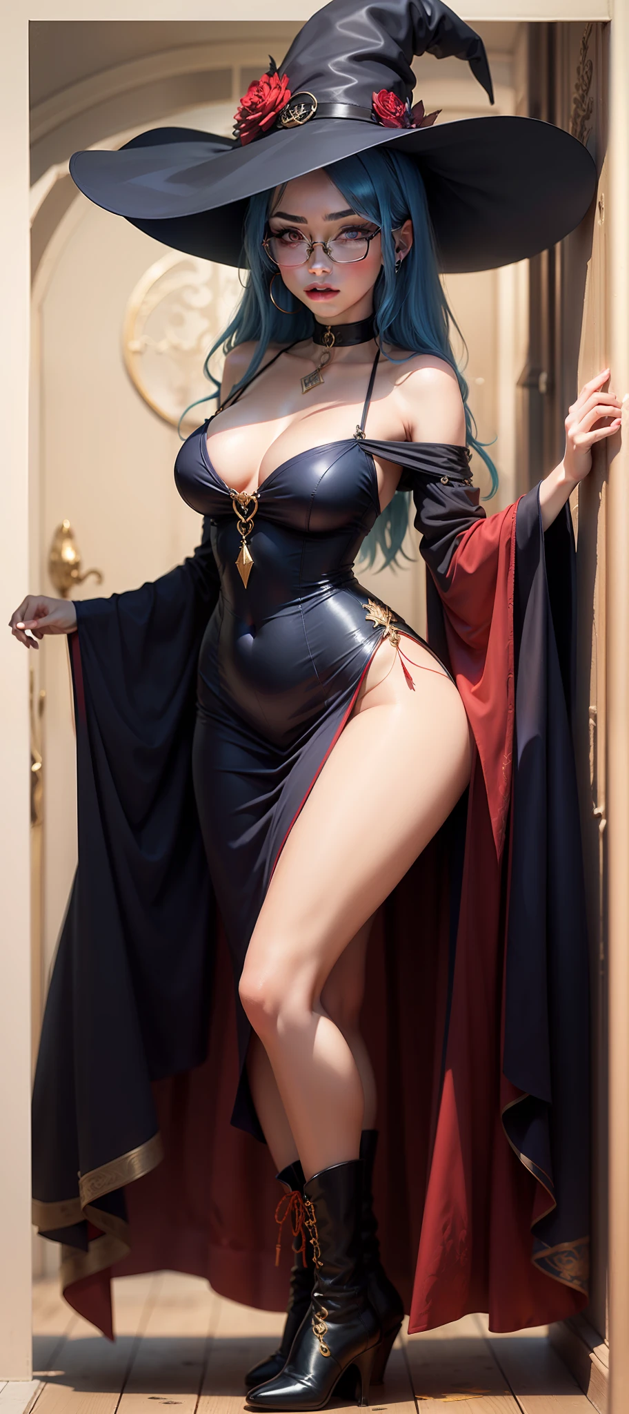 A girl with blue hair at the height of her ass, with red locks at the ends. She has red eyes with white pupils and light skin, wearing a dark violet dress that reaches to her knees with an opening between her legs and long, wide sleeves, a single brown strap on the chest area, and the inside of the dress is colored dark red; a black choker; a large, dark violet witch's hat with a dark blue stripe decorated with a red feather and a golden half-moon-shaped object; dark blue high-top boots with deep neckline and red tips; and black-framed oval glasses