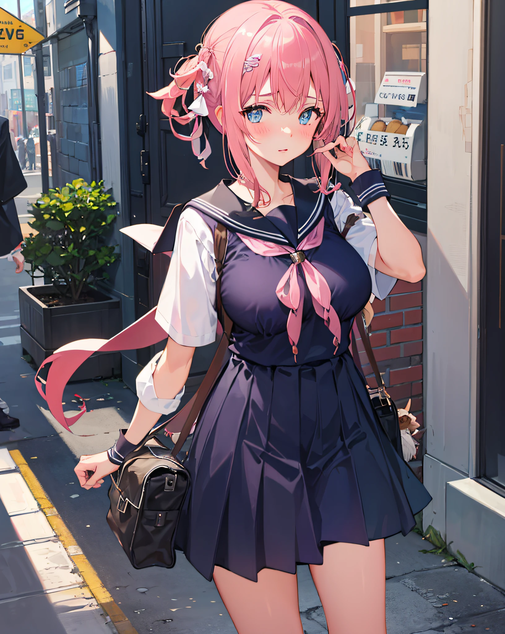 1girl, big breasts, wild, street view, street, standing, cowboy shooting, ((school uniform)), serafuku, blush,