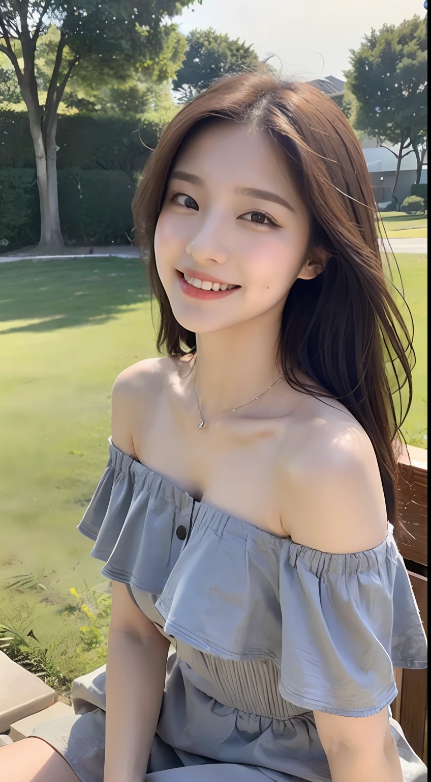 (1 Korean girl), ((best quality, 8k, masterpiece: 1.3)), Super clear details, Perfect body beauty: 1.4, (full body photo), (sitting on the grass: 1.3), (smiling), (beautiful scenery: 1.3), Highly detailed face and skin texture, Fine eyes, Double eyelids, Whitened skin, (Black straight face: 1.3), (round face: 1.5), (off-the-shoulder dress: 1.4),