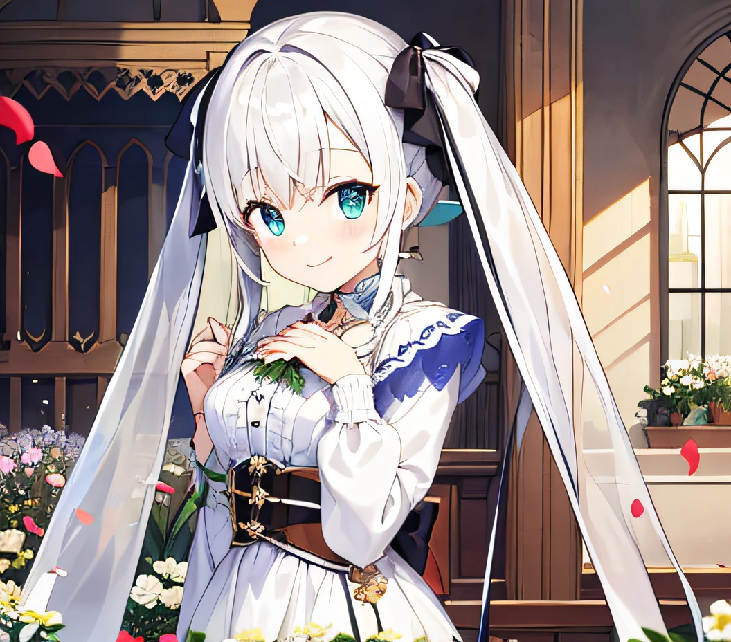 masterpiece, best quality, 1girl, solo, long_hair, looking_at_viewer, white hair twintails, grees eyes, smile, bangs, white princess dress, long_sleeves, hat, dress, bow, holding, closed_mouth, flower, frills, hair_flower, petals, bouquet, holding sword, center_frills, bonnet, holding_bouquet, tachi-e, full body, white background,