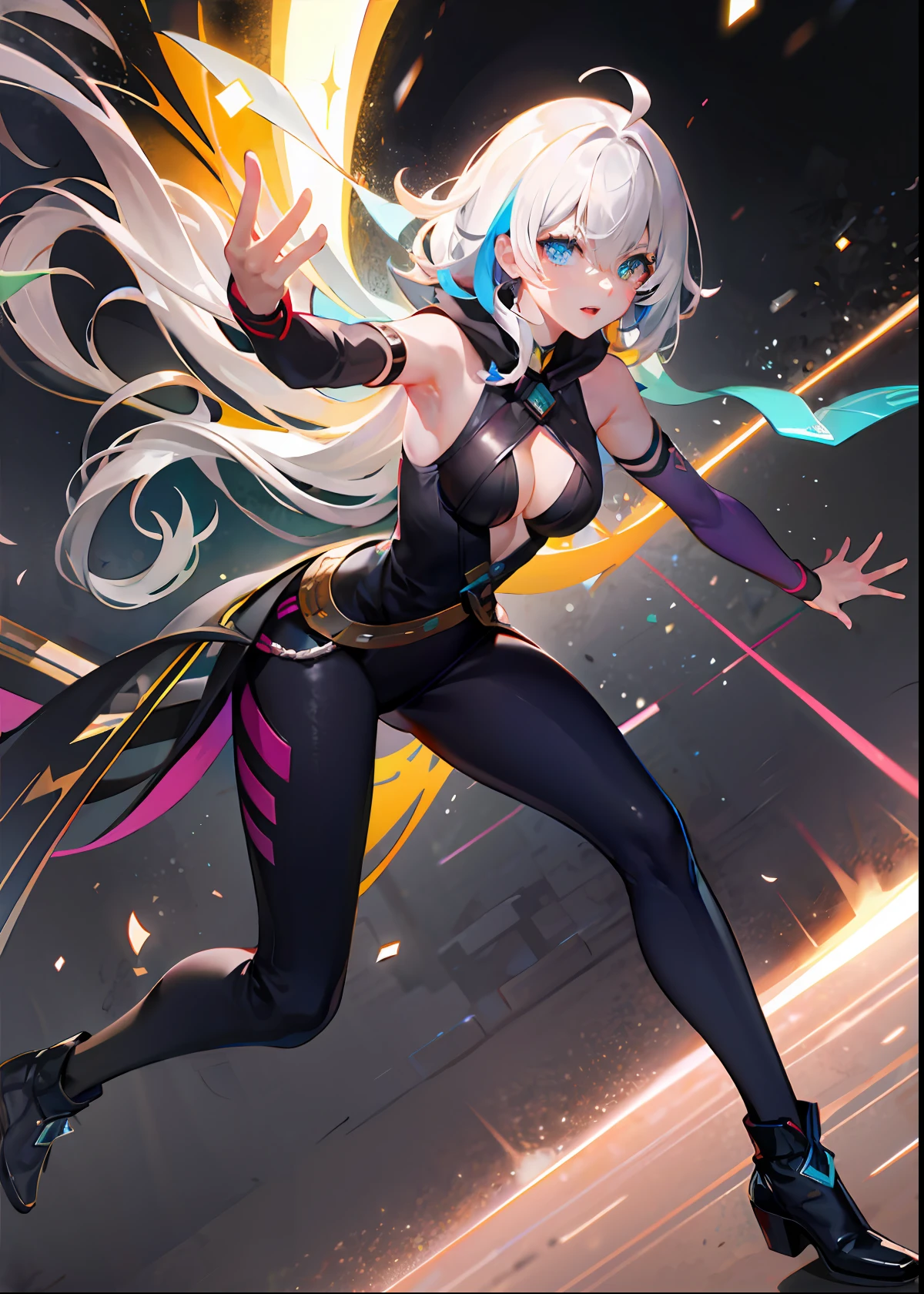 {{masterpiece}}, best quality, very detailed CG unity 8k wallpaper, best detail, cinematic lighting, lens flares, dynamic lines, beautiful detailed eyes, black, side vision, multi-colored hair, (please generate full body), dynamic pose + to add attraction to characters, colorful light, grain, heterochromia, (color: 1.5), (color hair: 1.5),
