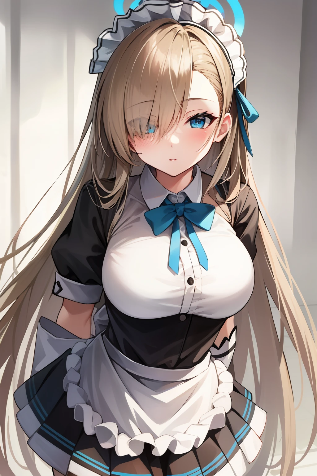 (highres), (absurdres), (best quality), (high quality), (masterpiece), 1girl, asuna, blue eyes, long hair, halo, hair over one eye, very long hair, light brown hair, (large breasts), hair ribbon, maid, maid headdress, apron, frills, frilled apron, puffy sleeves, short sleeves, white gloves, white thighhighs, arms behind back, looking at viewer,