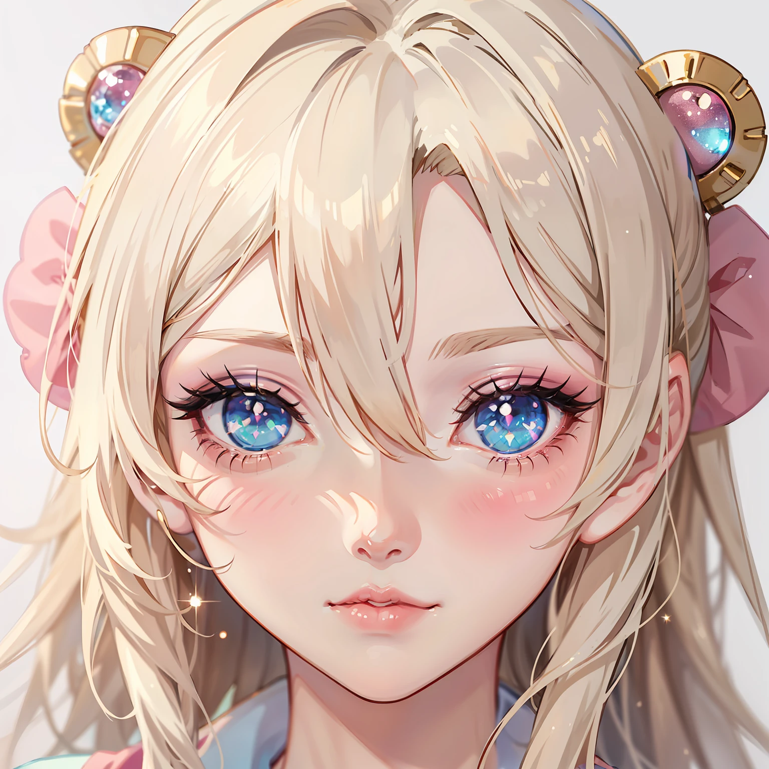 anime girl with blonde hair, Aegyo-sal, eyebags, blue gray eyes, glowing, makeup, blush, blush nose, glitter makeup on eyes, perfect anime face, semi - realistic anime, detailed anime soft face, pink shirt