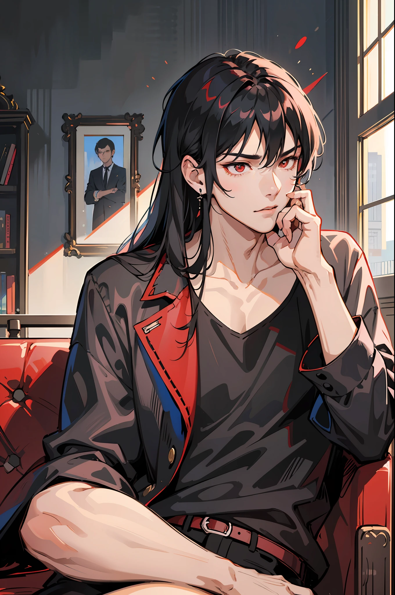 1 boy, handsome, strong, delicate black shirt, sitting on the sofa, looking at the screen, delicate eyes, long silver hair, wearing red fringed earrings, gorgeous accessories, asymmetric bangs, red eyes, contemptuous expression, sitting next to a Doberman, official art illustration, masterpiece, 4k,
