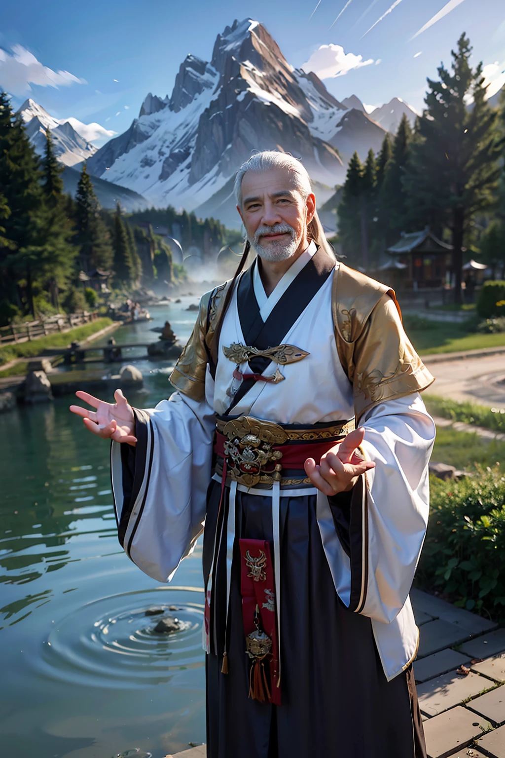 (((best quality)))), ((super detailed))), ((masterpiece))), ancient Chinese, old man, white beard, kindness, ancient clothing, whole body, smile, holding a fan, mountain flowing water, positive perspective, wrinkles