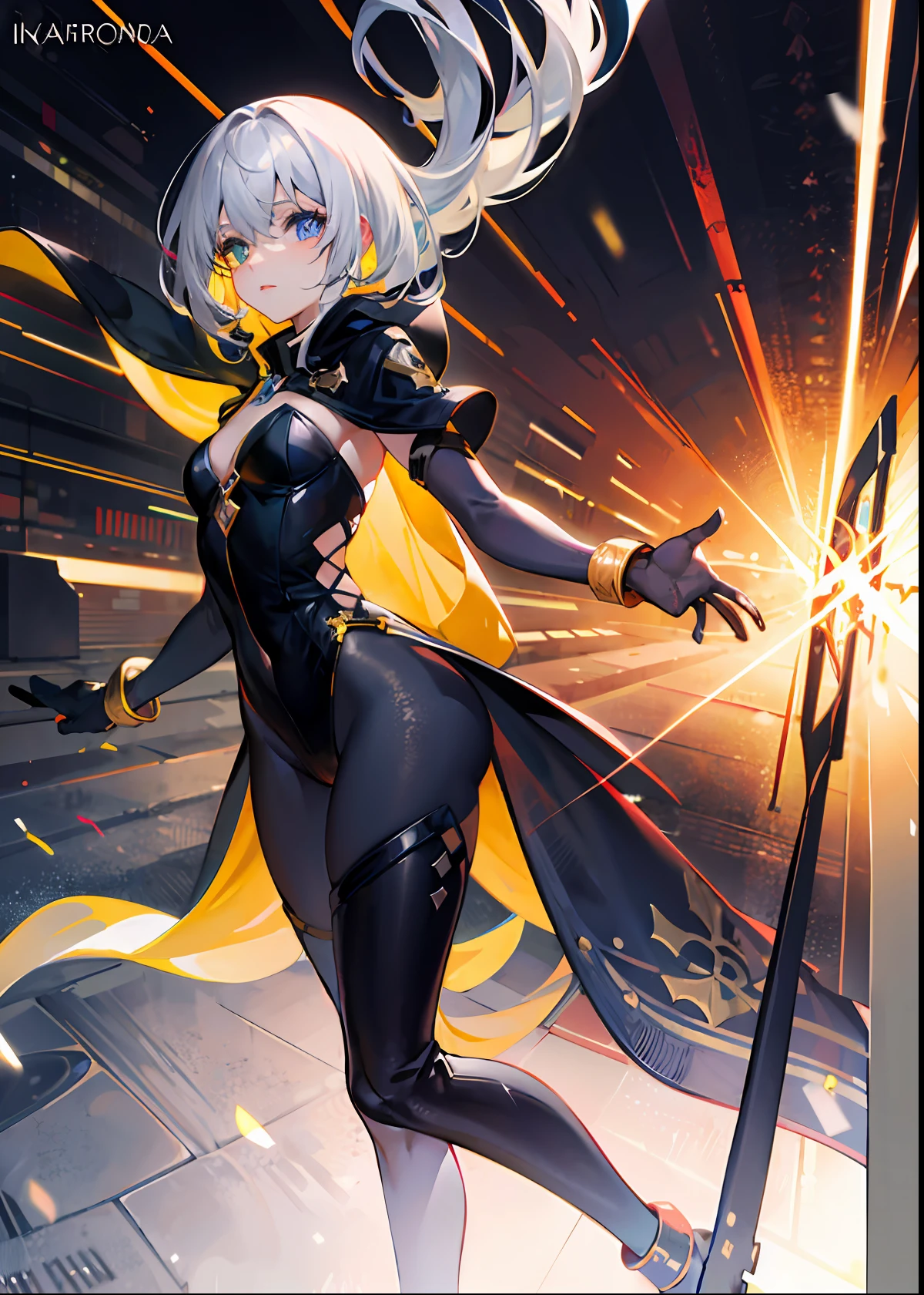 {{masterpiece}}, best quality, very detailed CG unity 8k wallpaper, best detail, cinematic lighting, lens flares, dynamic lines, beautiful detailed eyes, black, side vision, multi-colored hair, (please generate full body), dynamic pose + to add attraction to characters, colorful light, grain, heterochromia, (color: 1.5), (color hair: 1.5),