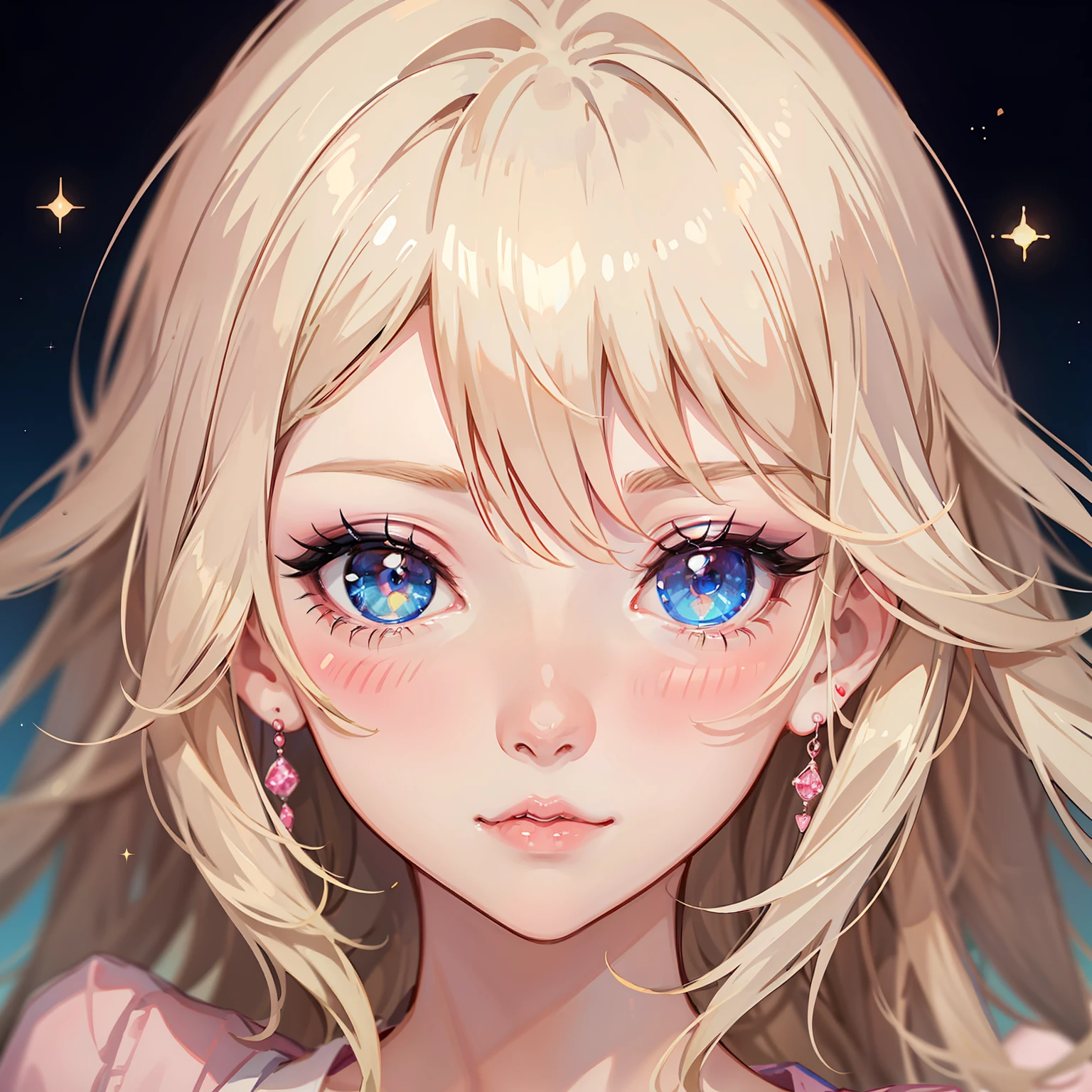 anime girl with blonde hair, Aegyo-sal, eyebags, blue gray eyes, glowing, makeup, blush, blush nose, glitter makeup on eyes, perfect anime face, semi - realistic anime, detailed anime soft face, pink shirt