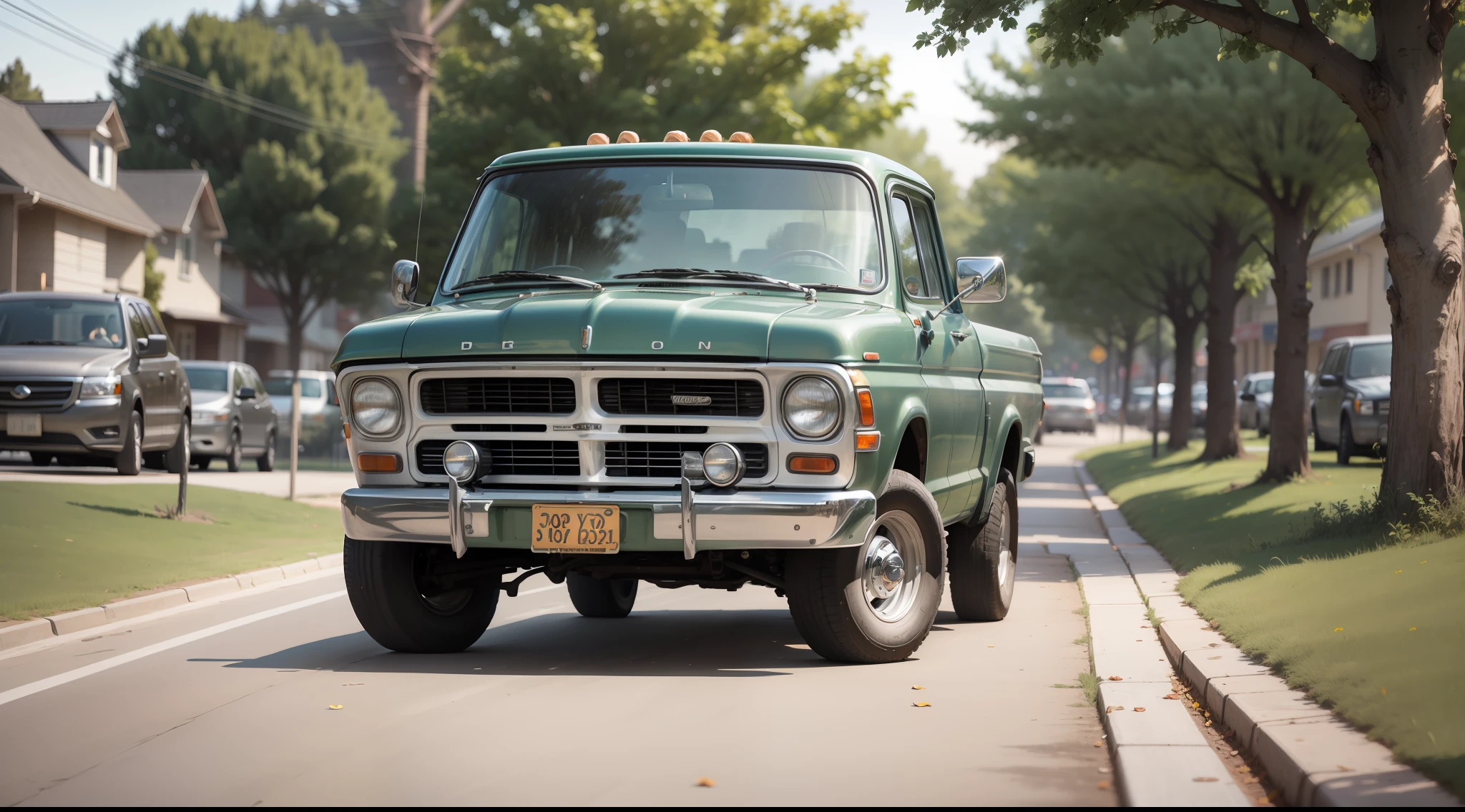 A young man drives a small pickup truck, in the suburbs