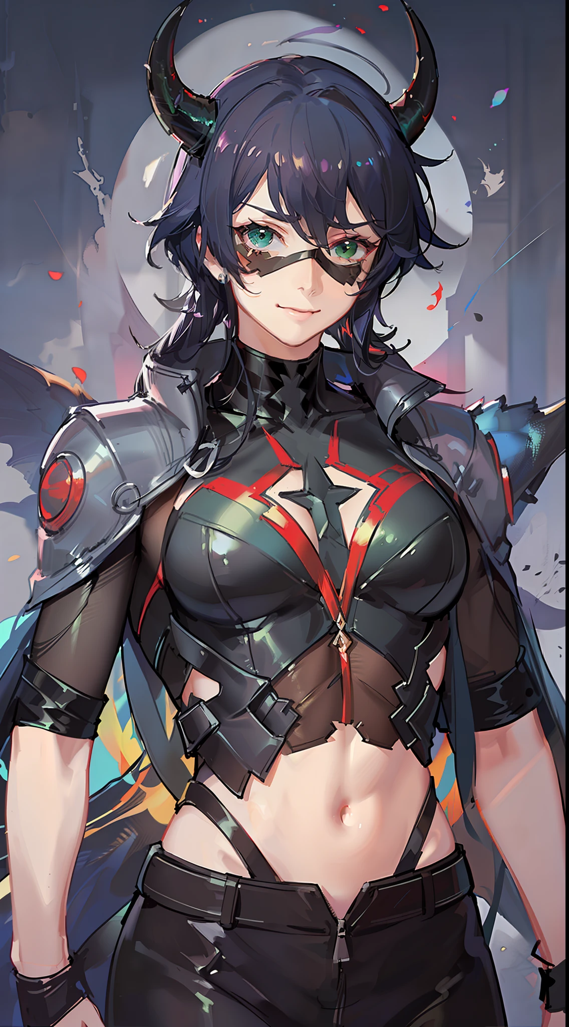 Young guy, short black hair, green eyes, red superhero costume, superhero mask, dragon horns, dragon tail, smirk, muscles, masterpiece, high quality