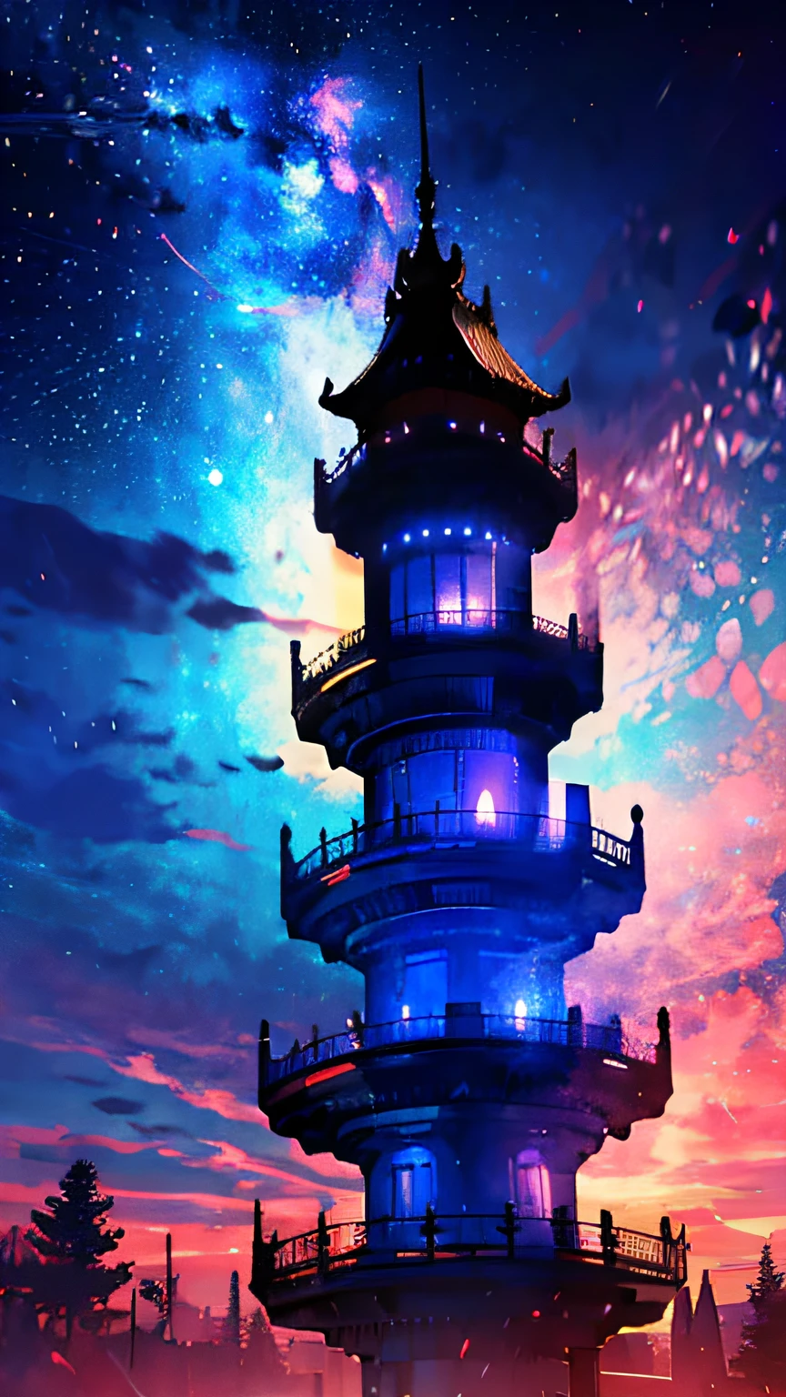 Tower of Gods, Blue Tower, Violet, Blue, Pink, God, Red Sky, Violet Sky, Starry Sky, Starry Sky Tower, God of the Starry Sky, Light Blue, Civilization, Order