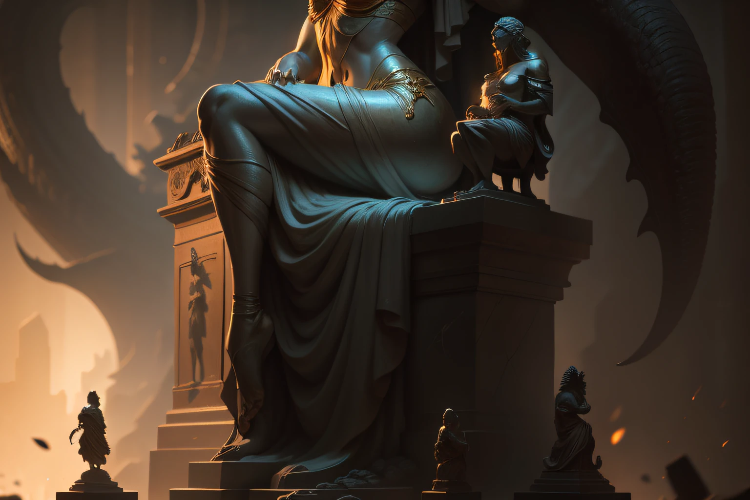 mythological painting style, greg rutkowski, zbrush, epic fantasy scene, oil painting, paranormal realism, digital art, digital painting, artwork, eye level lens, pov, first-person perspective, shiny statue, firelight, cthulhu statue, broken statue, cinematic lighting, high contrast, close up, realistic texture, unreal engine, sunlit statue, broken stone suspended in the air, gold thread, white statue, mystical, mysterious text, head up, low angle camera, Giant shooting, unique perspective, avoid frontal shooting, ((white marble statue)), huge female statue, lower body, lower body