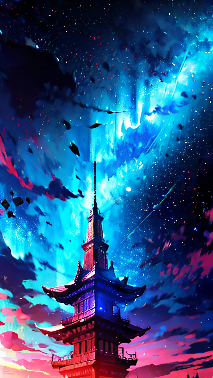 Tower of Gods, Blue Tower, Violet, Blue, Pink, God, Red Sky, Violet Sky, Starry Sky, Starry Sky Tower, God of the Starry Sky, Light Blue, Civilization, Order