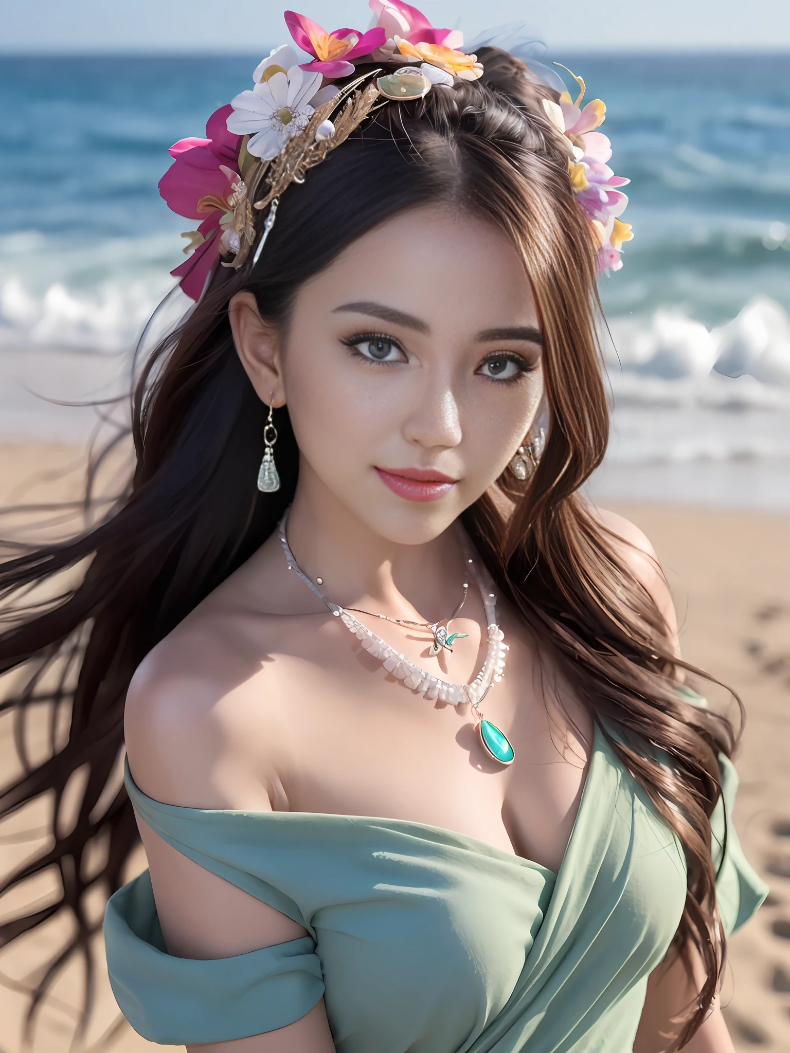 (best quality:1.1) ,(photorealistic:1.1), (photography:1.1), (highly detailed:1.1), looking at viewer,armlet, Jade bracelet, eyelashes, happy, medium breasts,beautiful detailed girl, (extremely detailed eyes and face), (lighting on face),necklace,Colorful clothes, [chinese clothes],[off shoulder], (solo:1.2), sandbeach,sand,Standing by the seaside, summer, (beautiful detailed sky),seethru,