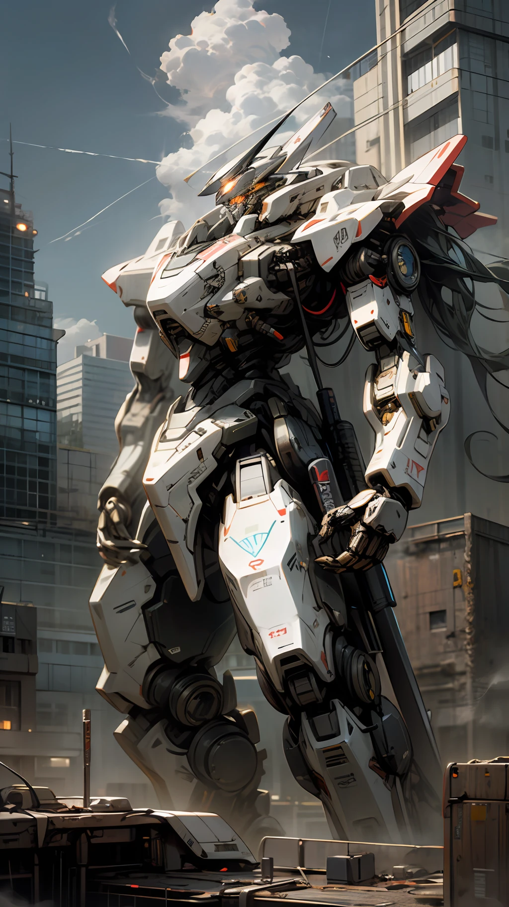 sky, cloud, holding_weapon, no_humans, glowing, , robot, building, glowing_eyes, mecha, science_fiction, city, realistic,mecha --auto