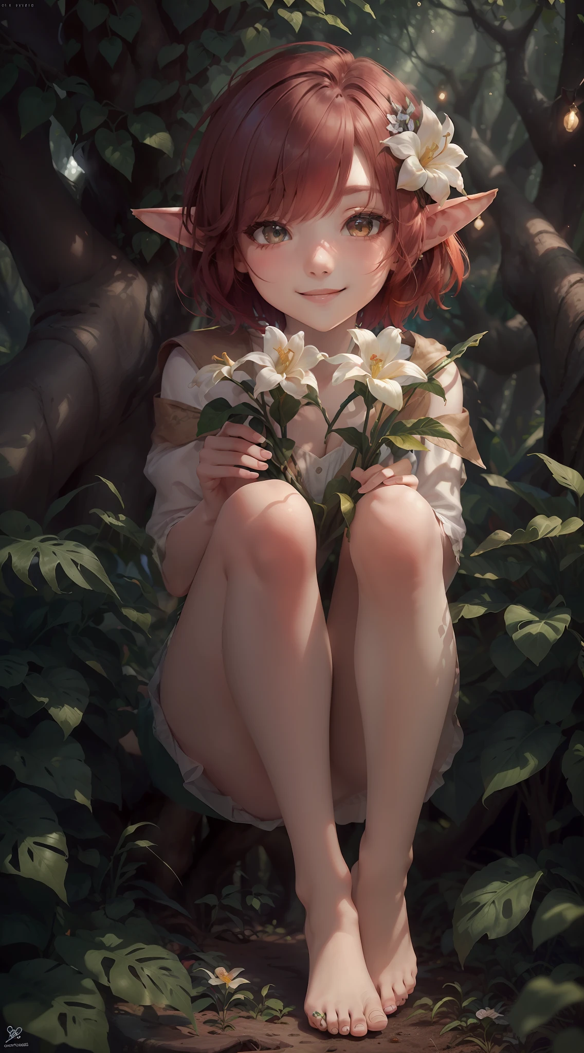 (Masterpiece), (Ultra detailed), (Full body:1.2), 1 girl, chibi, cute, smile, bangs, redhead, short hair, head flower, (forest: 1.3), (flower: 1.5), elf ears, depth of field, tree, handy legs, (beautiful detail face), (beautiful detail eyes), blur, (best quality)