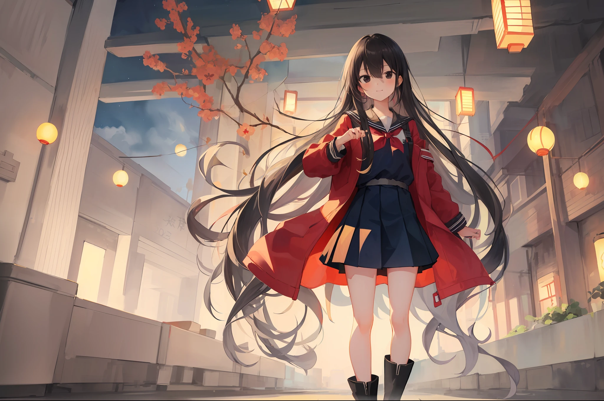 (best texture:1.2), 1girl playing in the (Nagasaki Lantern Festival), absurdres,((masterpiece)), ((best quality)), (ultra-detailed), ((extremely detailed)),high definition,an extremely delicate and beautiful,((best quality)),,colorful,,((extremely detailed)), 4K, (8K),best quality, illustration, India-ink drawing,(pencil drawing:1.3), (watercolor pencil2:1.1), (beautiful),((perfect face,perfect body)),((so cool)), cute, ,morning, 1 girl, 20years old,full body, smile,( extra long hair:1.3), (bluish black hair:1.3), straight hair, hime cut, (tilted eyes:1.3), (black eyes:1.4), (tall stature), athlete, slender body, small brest, ((cool face)), ((slender face)), expression fair skin, (very long ((red)) oversized jackett:1.3), (beautiful detailed school uniform), military boots, She has a beautiful face and shining eyes,