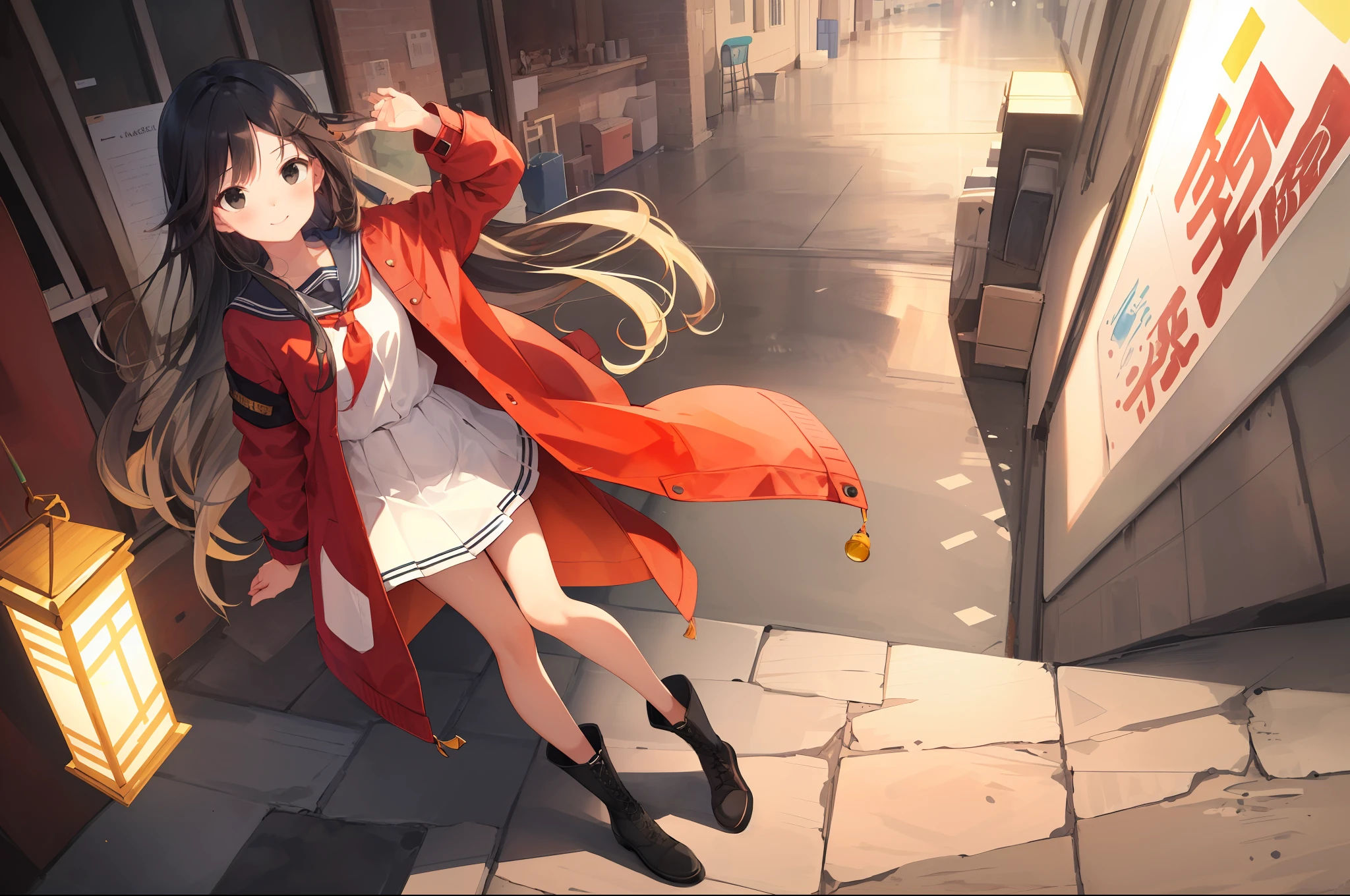 (best texture:1.2), 1girl playing in the (Nagasaki Lantern Festival), absurdres,((masterpiece)), ((best quality)), (ultra-detailed), ((extremely detailed)),high definition,an extremely delicate and beautiful,((best quality)),,colorful,,((extremely detailed)), 4K, (8K),best quality, illustration, India-ink drawing,(pencil drawing:1.3), (watercolor pencil2:1.1), (beautiful),((perfect face,perfect body)),((so cool)), cute, ,morning, 1 girl, 20years old,full body, smile,( extra long hair:1.3), (bluish black hair:1.3), straight hair, hime cut, (tilted eyes:1.3), (black eyes:1.4), (tall stature), athlete, slender body, small brest, ((cool face)), ((slender face)), expression fair skin, (very long ((red)) oversized jackett:1.3), (beautiful detailed school uniform), military boots, She has a beautiful face and shining eyes,