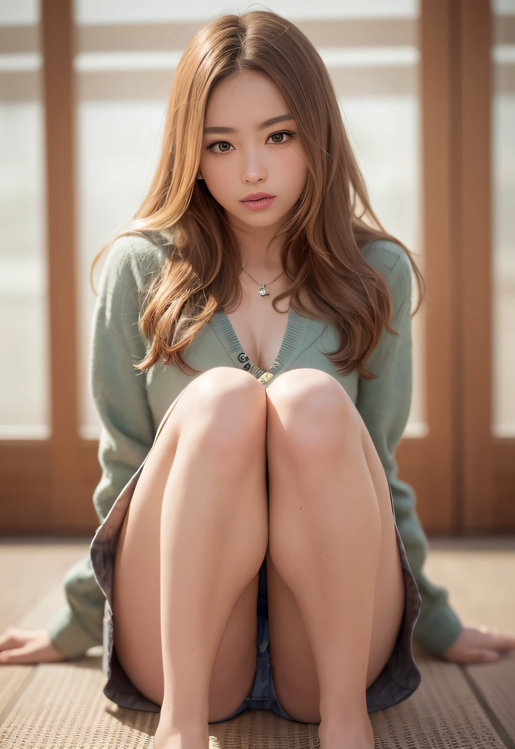 Girl (Masterpiece: 1.4), (8K, Real, Raw Photo, Best Quality: 1.4), Japan Person, (1 Girl), Beautiful Face, (Real Face: 1.4), (Caramel Hair, Long Hair: 1.3), Beautiful Hairstyle, Realistic Eyes, Beautiful Detail Eyes, (Real Skin: 1.3), Beautiful Skin, Attractive, Ultra High Resolution, Ultra Realistic, High Definition, Golden Ratio, (Detailed Face: 1.4), (Anna Tanaka), Skirt, NSFW, pose (bend knees and open legs), front