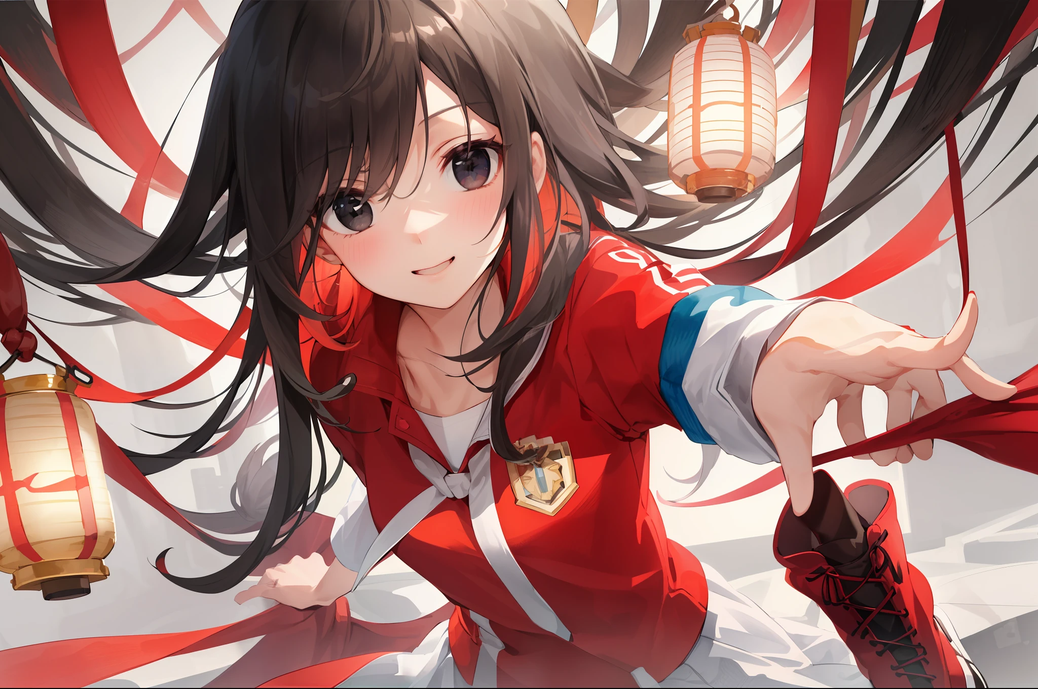 (best texture:1.2), 1girl playing in the (Nagasaki Lantern Festival), absurdres,((masterpiece)), ((best quality)), (ultra-detailed), ((extremely detailed)),high definition,an extremely delicate and beautiful,((best quality)),,colorful,,((extremely detailed)), 4K, (8K),best quality, illustration, India-ink drawing,(pencil drawing:1.3), (watercolor pencil2:1.1), (beautiful),((perfect face,perfect body)),((so cool)), cute, ,morning， 1 girl, 20years old,full body, smile,( extra long hair:1.3), (bluish black hair:1.3), straight hair, hime cut, (tilted eyes:1.3), (black eyes:1.4), (tall stature), athlete, slender body, small brest, ((cool face)), ((slender face)), expression fair skin, (very long ((red)) oversized jackett:1.3), (beautiful detailed school uniform), military boots, She has a beautiful face and shining eyes,