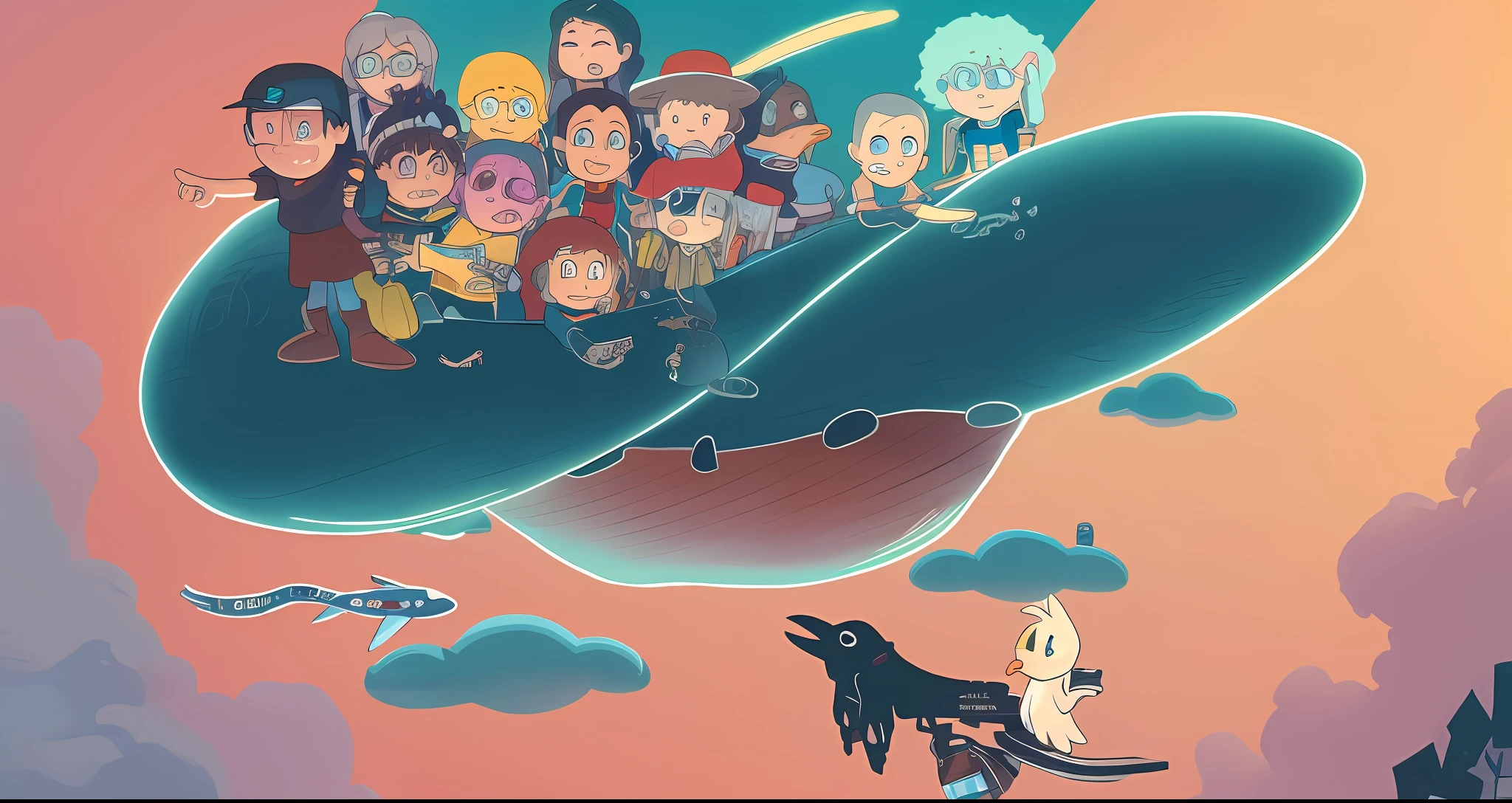 cartoon of a group of people flying in a hot dog, sky!, official fanart, fanart, high quality fanart, detailed fanart, pixiv contest winner, video game fanart, inspired by Winsor McCay, added detail, chibi, sky!!!, [ conceptual art ]!!, duck themed spaceship, very crowded, discworld theme, fanart ”, coloured comic, videogame still