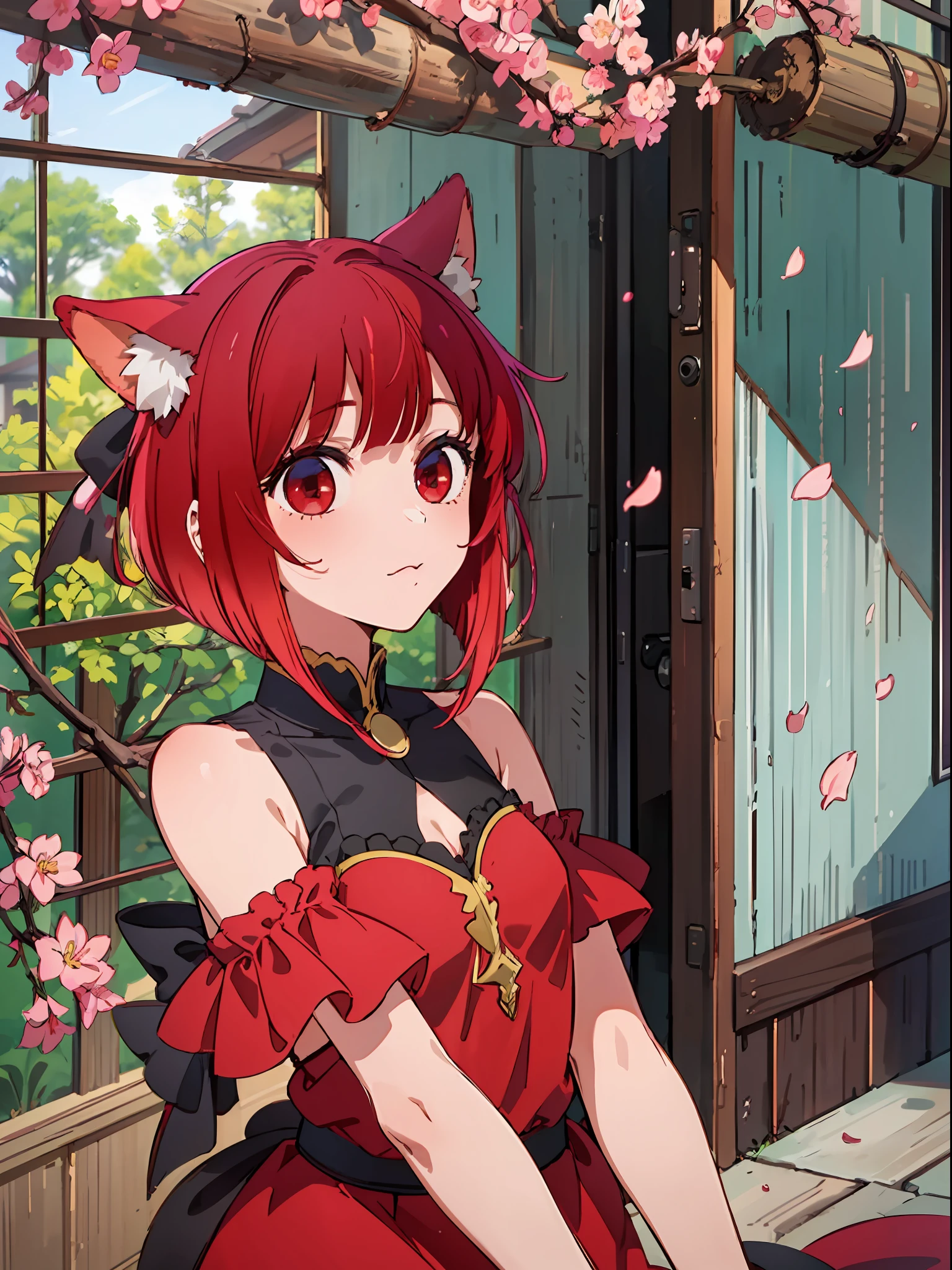 1 girl, Kana Arima, red dress, red hair, red eyes, (masterpiece: 1.2), high resolution, best quality, 8k, bob cut, (animal ears, tail: 1.5), cherry blossom, petals