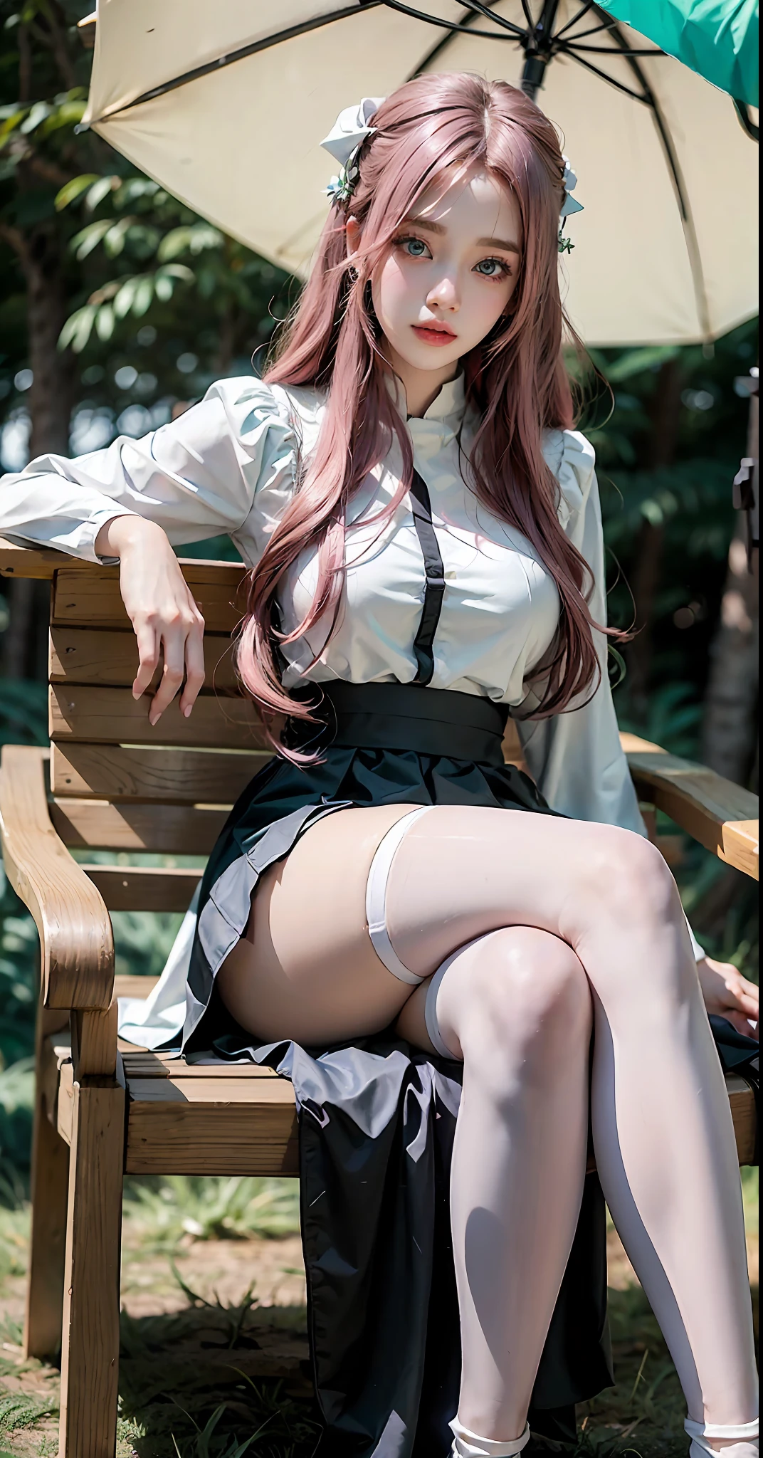 Arakfi sitting on sun lounger, sun umbrella, pink hair and white priest dress, anime Barbie doll with black stockings, elegant and charming cosplay, anime girl cosplay, gorgeous cosplay, cute lazy princess, beauty Delfin, royal elegant pose, cosplay photo, anime goddess, thighs and skirt, sexy priest in enchanted forest, cute anime waifu wearing beautiful skirt