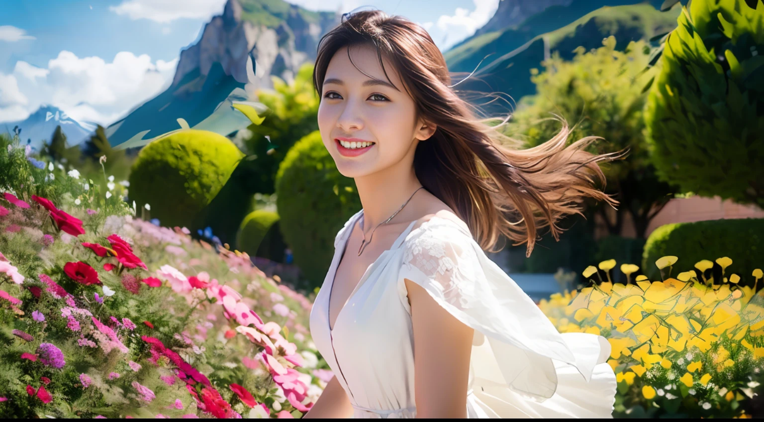 1 Girl, Dynamic Angle, Clouds and Mountains, (Flower Garden: 1.4) Foreground, White Dress, Light Tracing, (Floating Colorful Wind: 1) (Realistic: 1.4), Official Art, Unity 8k Wallpapers, Ultra Detail, Beautiful and Beautiful, Masterpiece, Best Quality, Glowing Skin, Movie Lighting, Light Smile, Necklace, Korean Women