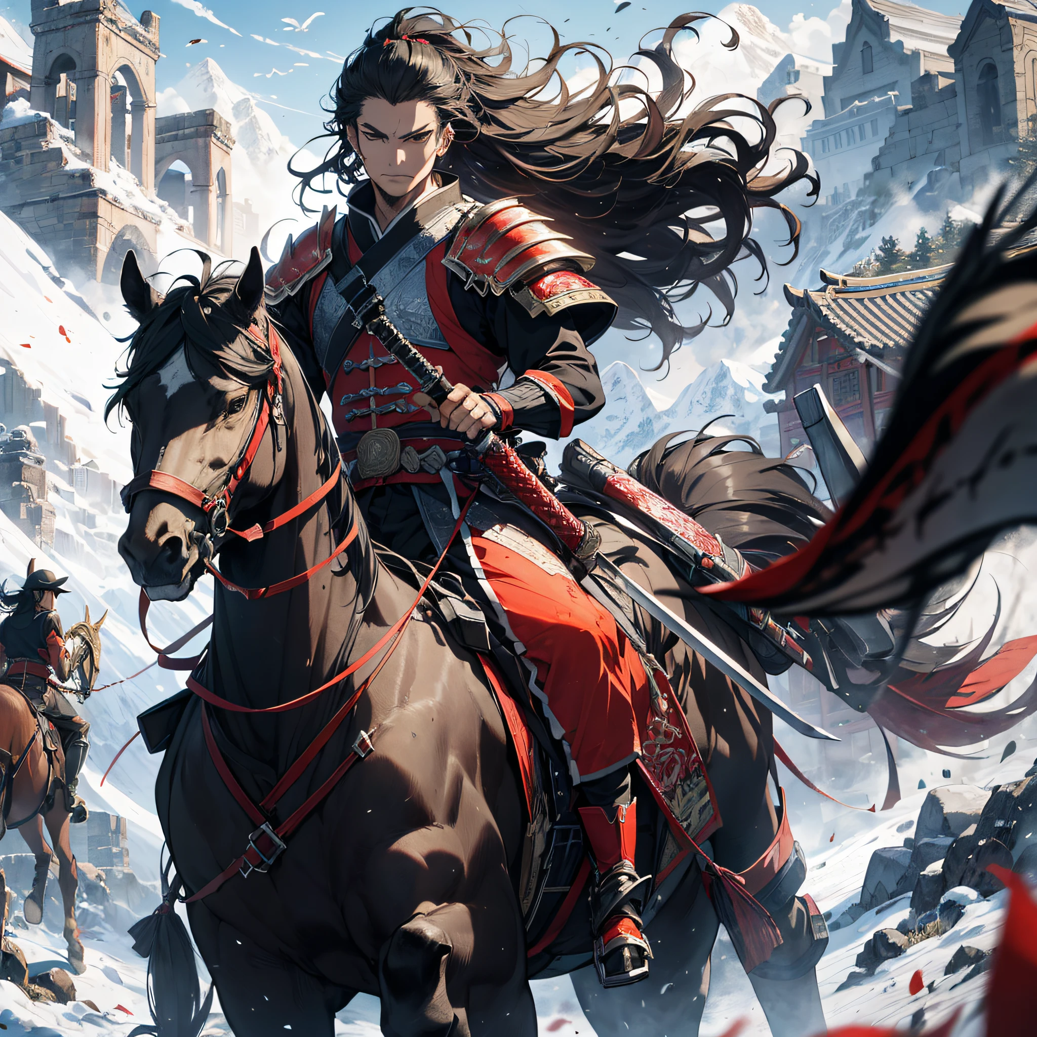 Absurd resolution, high resolution, (masterpiece: 1.4), hyper-detail, ancient China, huge mountains, black long-haired young man (1.3), riding a horse (1.3), roaring (1.2), armored samurai in red armor, wielding a sword, army, battlefield, blood, battle