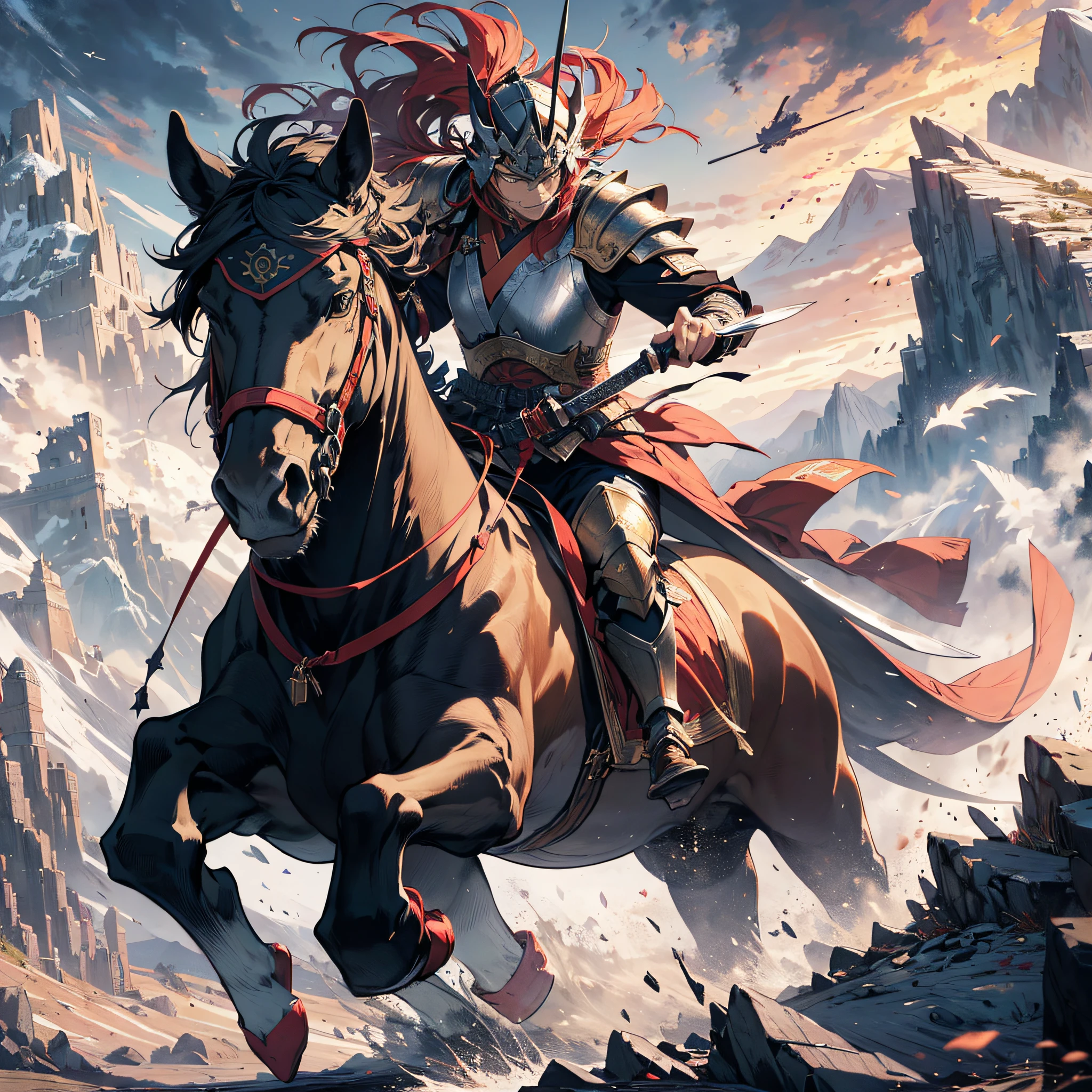Absurd resolution, high resolution, (masterpiece: 1.4), hyper-detail, ancient China, huge mountains, black long-haired young man (1.3), riding a horse (1.3), roaring (1.2), armored samurai in red armor, wielding a sword, army, battlefield, blood, battle