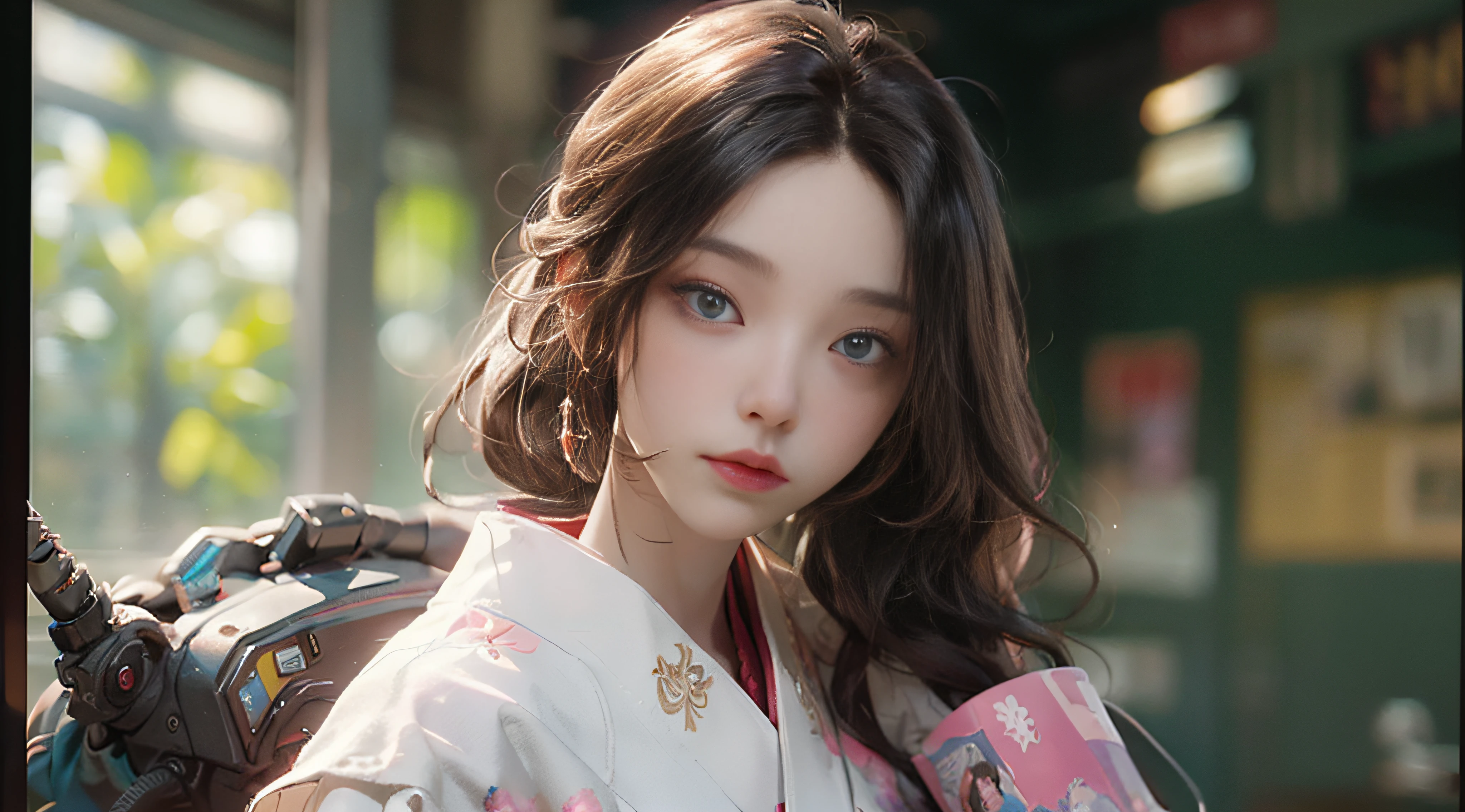 ((Best Quality)), ((Masterpiece)), (Detail: 1.4), 3D, Beautiful Cyberpunk Female Image, HDR (High Dynamic Range), Ray Tracing, NVIDIA RTX, Super Resolution, Unreal 5, Subsurface Scattering, PBR Texture, Post-Processing, Anisotropic Filtering, Depth of Field, Maximum Sharpness and Sharpness, Multi-layer Texture, Albedo and Highlight Mapping, Surface Coloring, Mitsu-Accurate Simulation of Material Interactions, Perfect Proportions, Octane Rendering, Two-color Light, Large Aperture, Low ISO, white balance, regular three-point, 8K RAW, beautiful bright pupils, flowing robe, fine pupils, delicate face and eyes, long eyelashes, blush, fluffy hair, pink lips, pure, cute