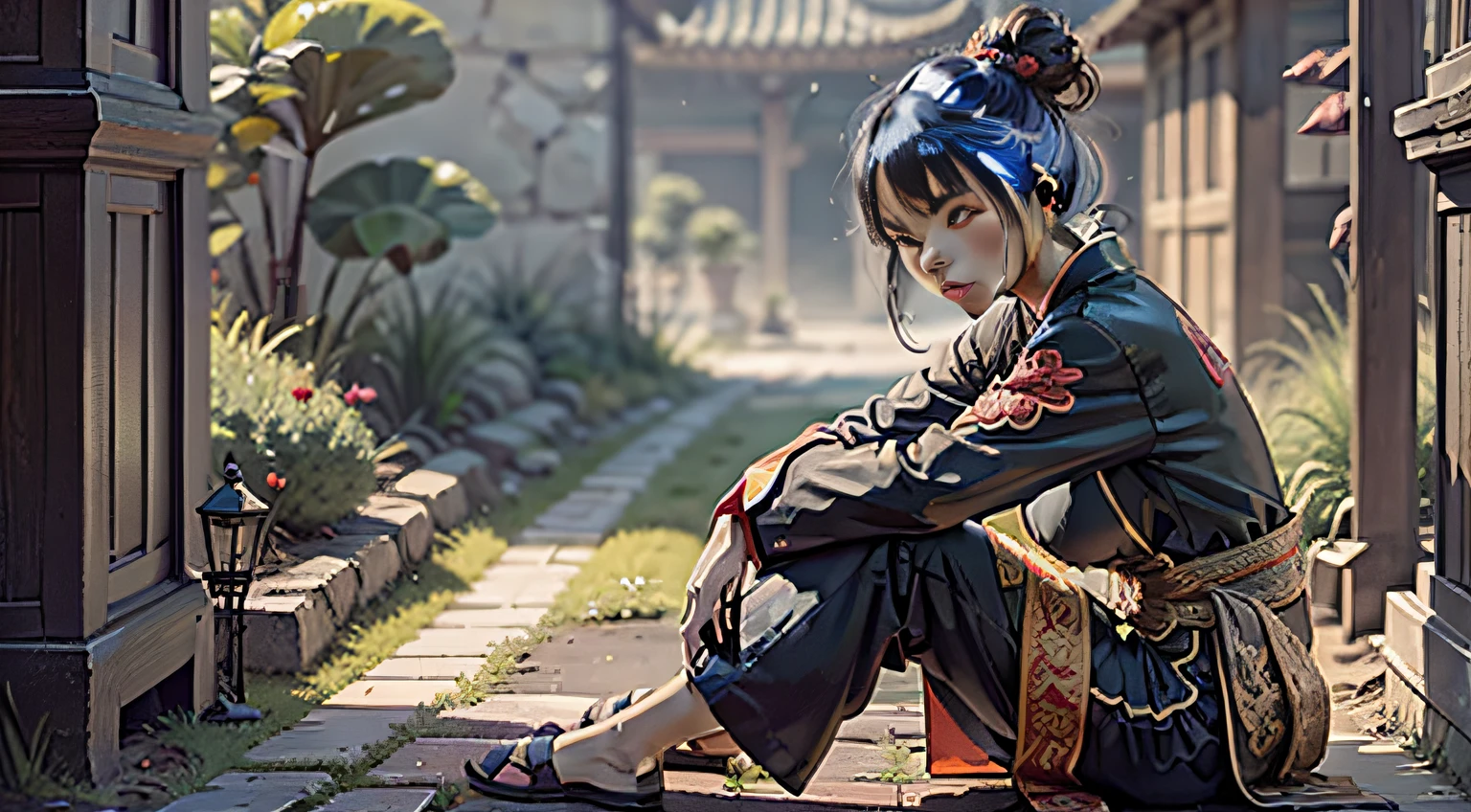 ((Best Quality)), ((Masterpiece)), ((Surreal)), Description scene: A boy sitting on the front step of the door, wearing a black traditional Chinese costume with a depressed expression. Ancient Chinese garden, surrounded by various buildings, stone floor, scattered grass growing in the crevices, wide-angle shot, a woman in red Hanfu walking in the distance, add effects: Please add texture, film grain and skin pore effect to the illustration. Set the intensity of these effects to 0.1 to maintain naturalness. Style requirements: make a movie still frame, simulate the style of 1.3, including the film grain effect of 1.3. deep shadow, masterpiece, realistic, roughness, ultra-realistic, shot on canon EOS R5, 50mm lens, f/2.8, HDR, 8k resolution, high resolution, high detail, sharp focus, smooth, roughness, real life, realism, photography, 8k ultra hd,