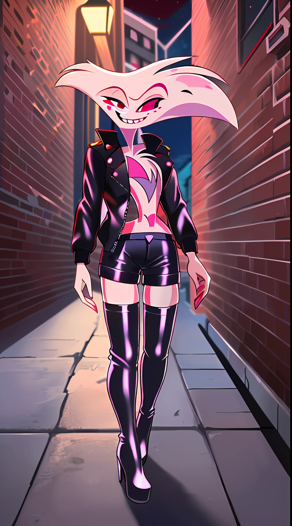 Anthro, ((wearing leather jacket)), wearing pink gloves, wearing thigh high boots, white fur, hi res, high resolution, (((angel dust hazbin hotel))), raw photo, solo, male, in alleyway, (black shorts), leaning on wall, night, good lighting, red sky, red lighting, (close up)