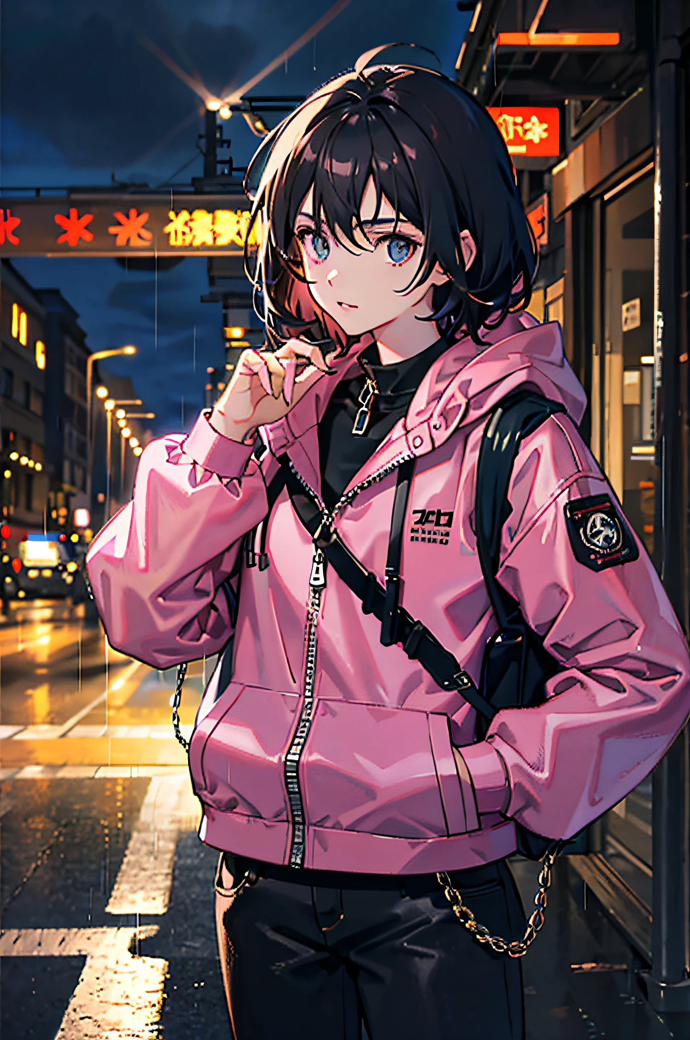 1girl, pink jacket, rain, outdoors, hoodie, open jacket, chain, backpack, looking at another person, messy hair, trends on artstation, 8k resolution, very detailed, anatomically correct, clear images, digital painting, concept art, trends on pixiv, Shinkai Makoto style,