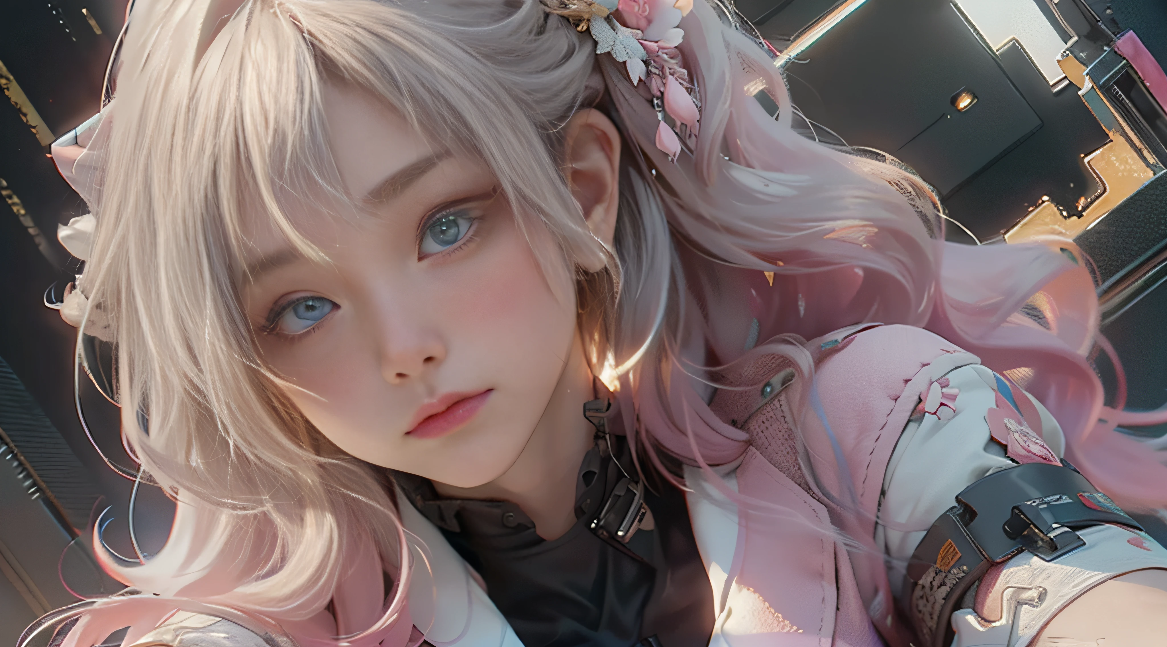 ((Best Quality)), ((Masterpiece)), (Detail: 1.4), 3D, Beautiful Cyberpunk Female Image, HDR (High Dynamic Range), Ray Tracing, NVIDIA RTX, Super Resolution, Unreal 5, Subsurface Scattering, PBR Texture, Post-Processing, Anisotropic Filtering, Depth of Field, Maximum Sharpness and Sharpness, Multi-layer Texture, Albedo and Highlight Mapping, Surface Coloring, Mitsu-Accurate Simulation of Material Interactions, Perfect Proportions, Octane Rendering, Two-color Light, Large Aperture, Low ISO, white balance, regular three-point, 8K RAW, beautiful bright pupils, flowing robe, fine pupils, delicate face and eyes, long eyelashes, blush, fluffy hair, pink lips, pure, cute
