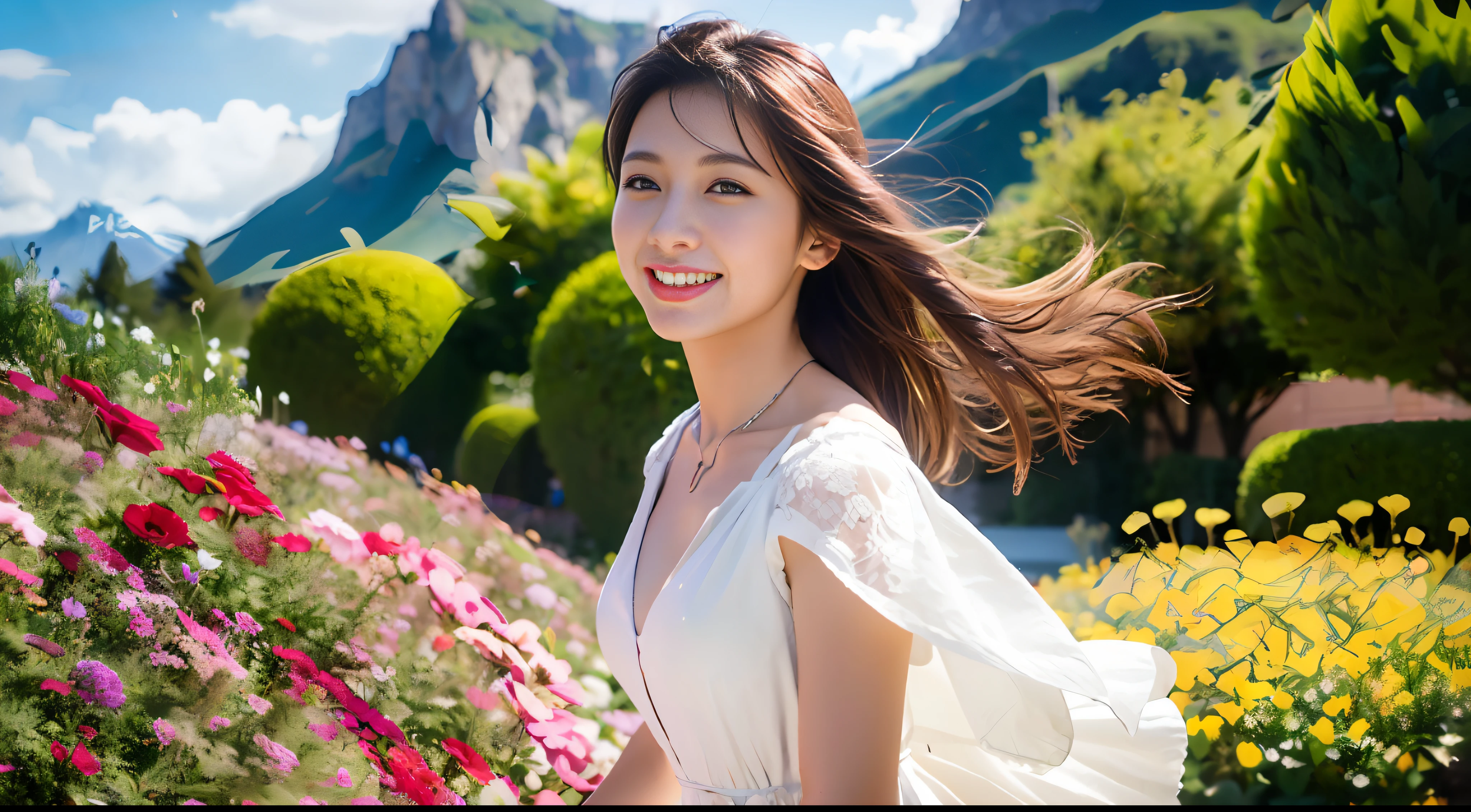 1 Girl, Dynamic Angle, Clouds and Mountains, (Flower Garden: 1.4) Foreground, White Dress, Light Tracing, (Floating Colorful Wind: 1) (Realistic: 1.4), Official Art, Unity 8k Wallpapers, Ultra Detail, Beautiful and Beautiful, Masterpiece, Best Quality, Glowing Skin, Movie Lighting, Light Smile, Necklace, Korean Women