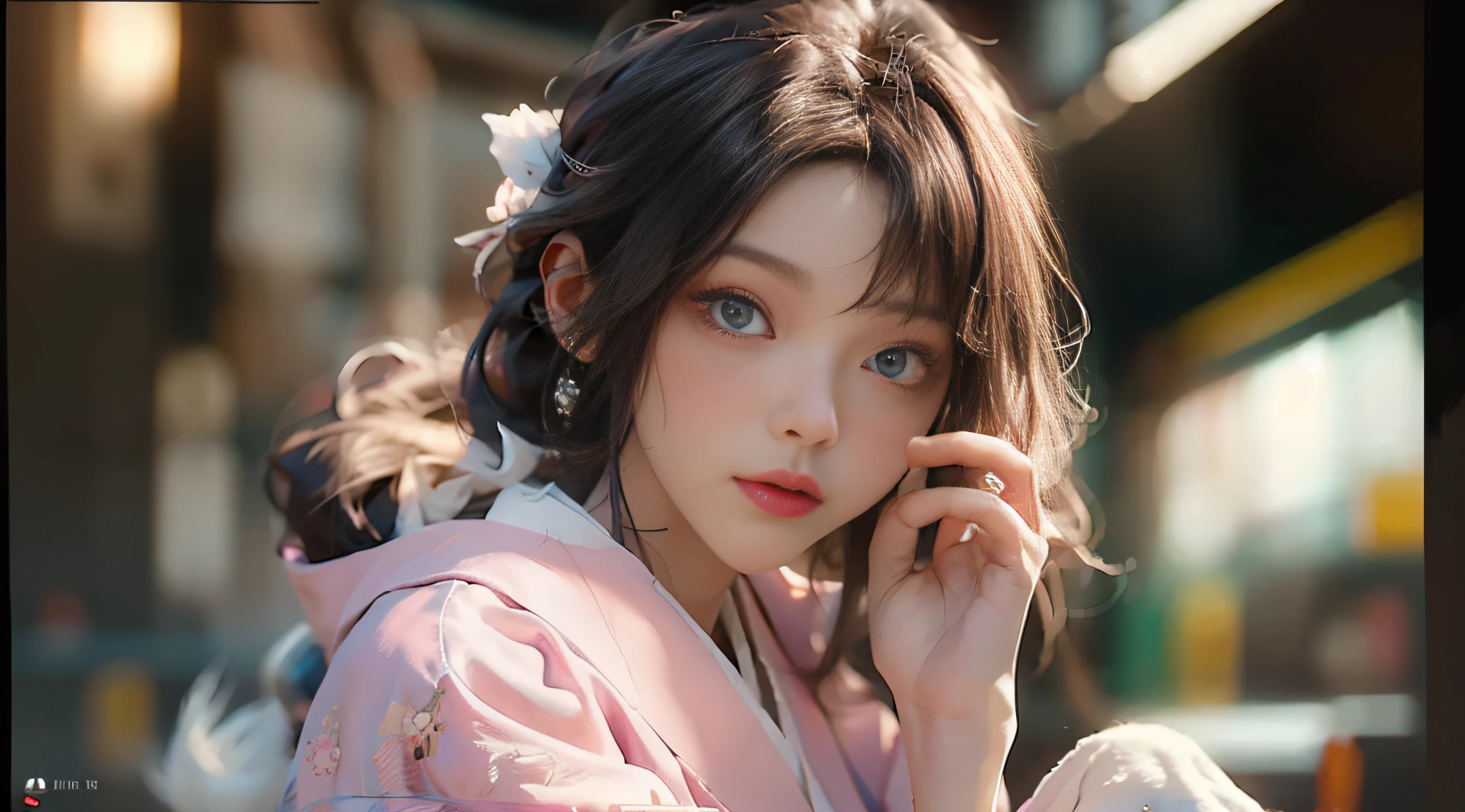((Best Quality)), ((Masterpiece)), (Detail: 1.4), 3D, Beautiful Cyberpunk Female Image, HDR (High Dynamic Range), Ray Tracing, NVIDIA RTX, Super Resolution, Unreal 5, Subsurface Scattering, PBR Texture, Post-Processing, Anisotropic Filtering, Depth of Field, Maximum Sharpness and Sharpness, Multi-layer Texture, Albedo and Highlight Mapping, Surface Coloring, Mitsu-Accurate Simulation of Material Interactions, Perfect Proportions, Octane Rendering, Two-color Light, Large Aperture, Low ISO, white balance, regular three-point, 8K RAW, beautiful bright pupils, flowing robe, fine pupils, delicate face and eyes, long eyelashes, blush, fluffy hair, pink lips, pure, cute