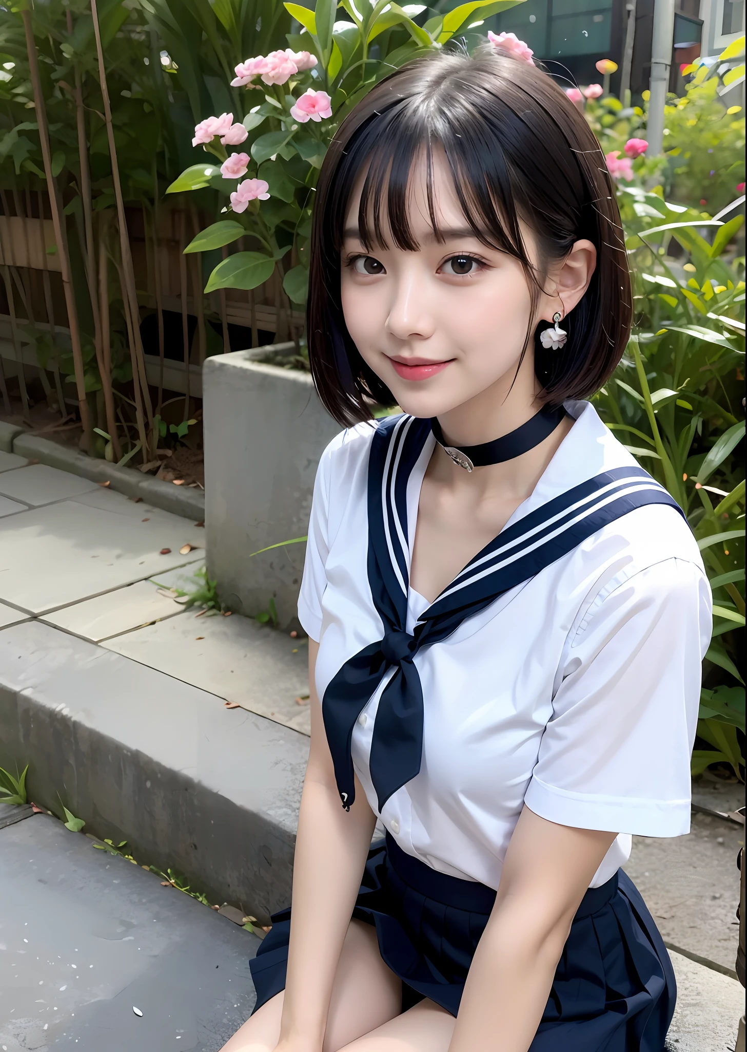 1girl, bangs, black_choker, black_hair, blue_sailor_collar, blue_skirt, bush, choker, collarbone, day, earrings, flower, jewelry, lips, looking_at_viewer, outdoors, plant, pleated_skirt, potted_plant, road, sailor_collar, school_uniform, serafuku, shirt, short_hair, short_sleeves, sitting, skirt, smile, solo, stairs,