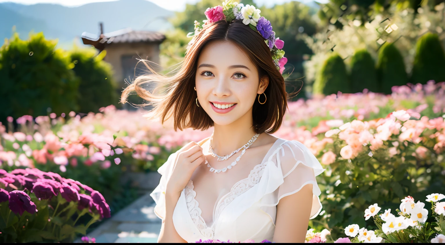 1 Girl, Dynamic Angle, Clouds and Mountains, (Flower Garden: 1.4) Foreground, White Dress, Light Tracing, (Floating Colorful Wind: 1) (Realistic: 1.4), Official Art, Unity 8k Wallpapers, Ultra Detail, Beautiful and Beautiful, Masterpiece, Best Quality, Glowing Skin, Movie Lighting, Light Smile, Necklace, Korean Women