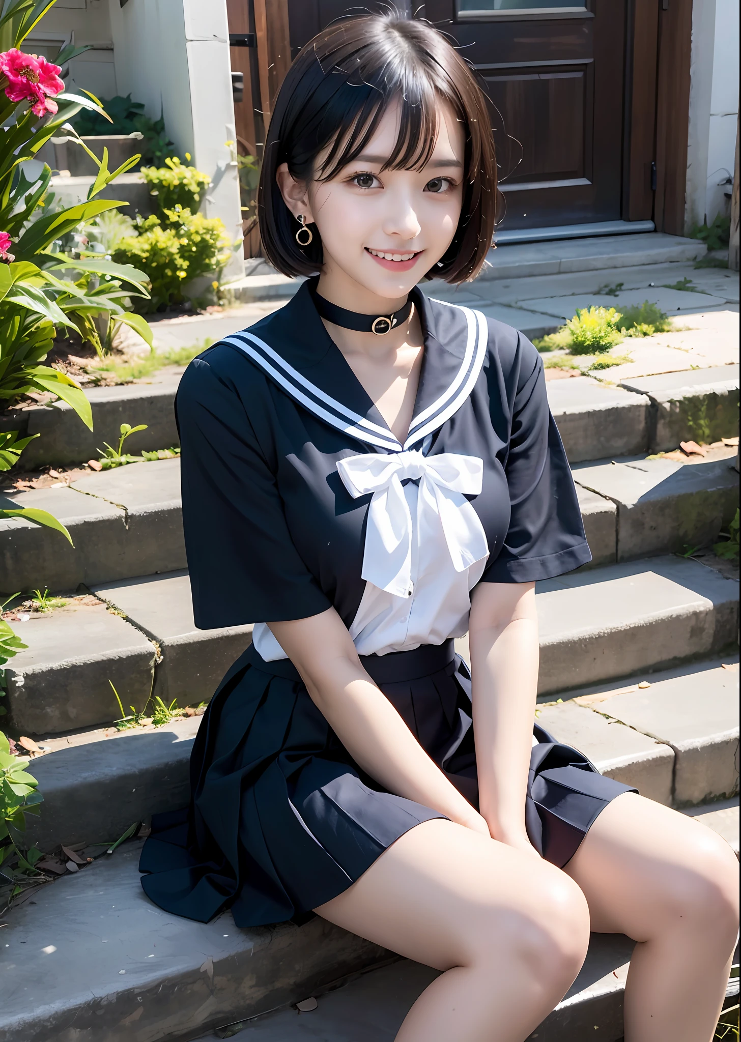 1girl, bangs, black_choker, black_hair, blue_sailor_collar, blue_skirt, bush, choker, collarbone, day, earrings, flower, jewelry, lips, looking_at_viewer, outdoors, plant, pleated_skirt, potted_plant, road, sailor_collar, school_uniform, serafuku, shirt, short_hair, short_sleeves, sitting, skirt, smile, solo, stairs,