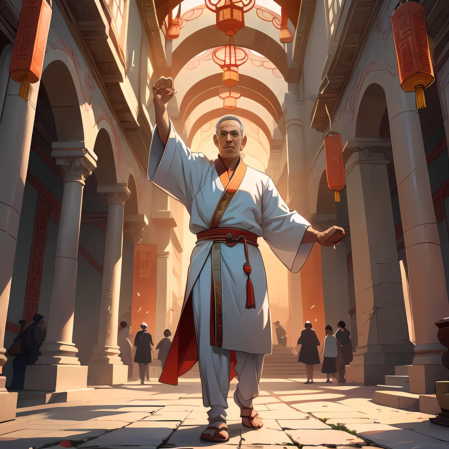 there is a man in a white robe standing in a building, concept art of a monk, by Ryan Yee, by Victor Wang, rob rey, ross tran and michael whelan, taoist priest, by Ni Yuanlu, inspired by Hu Zaobin, rob rey and kentarõ miura style, andreas rocha style, ross tran 8 k