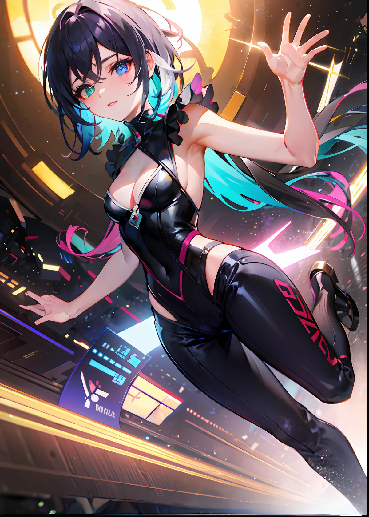 {{masterpiece}}, best quality, very detailed CG unity 8k wallpaper, best detail, cinematic lighting, lens flares, dynamic lines, beautiful detailed eyes, black, side vision, multi-colored hair, (please generate full body), dynamic pose + to add attraction to characters, colorful light, grain, heterochromia, (color: 1.5), (color hair: 1.5),