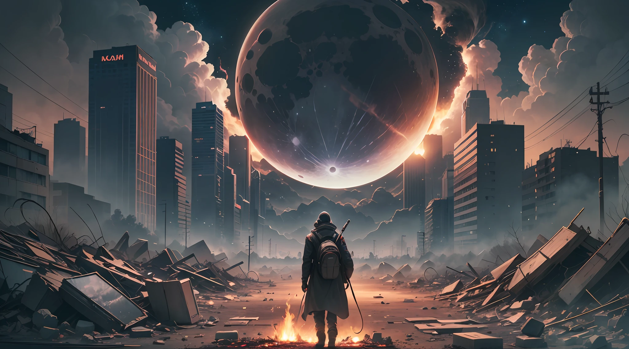 Dark Night, First-Person Perspective Moon Falling Meteorites Full of Sky Doomsday Scenes, First Person View of Moon Falling Earth, surrounded by meteorites streaking across the sky, a catastrophic apocalyptic event set in a once bustling city that is now reduced to ruins and engulfed in flames as the Moon's descent causes widespread destruction, mood is desperate, chaos, and a sense of finality when the world faces its final demise, digital illustration, using Adobe Photoshop and Wacom pen tablets create highly detailed and realistic digital paintings,