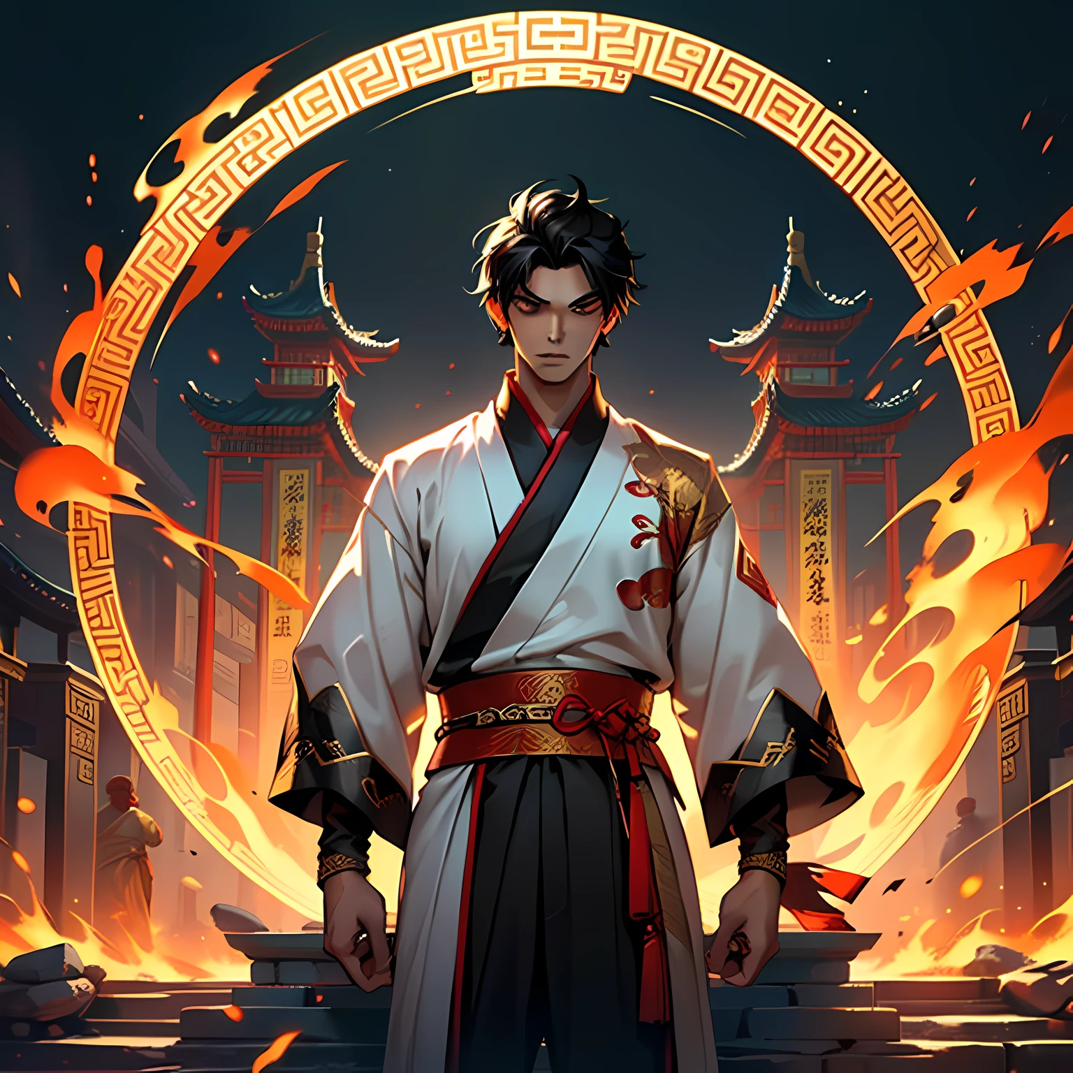 38. (1 person) ((1 boy))), (((boy)).(((black))), ((black Han youth)), ((black)), (blackhair))), royal qi, gorgeous, handsome, outstanding temperament, battle, fire, magic) (background: in ancient Chinese sacred, golden palaces).