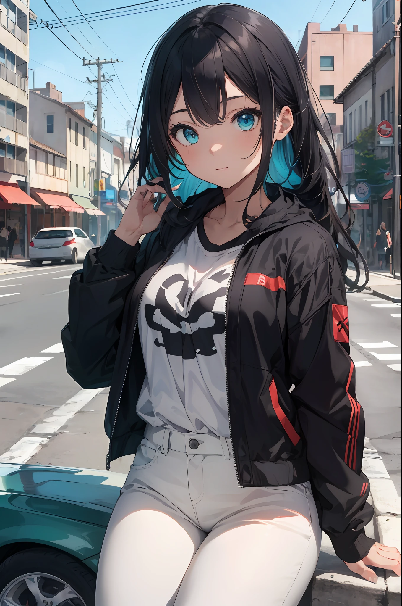 best quality, 4K wallpaper, masterpiece, extremely detailed CG unity 8k wallpaper, extremely detailed eyes, ultra-detailed, intricate details, 1girl,  Kobo, Multicolored hair, long hair, Aqua eyes, Jacket, white pants, character art style, retro art style,  public, outdoors, sitting, car, road sign, city,