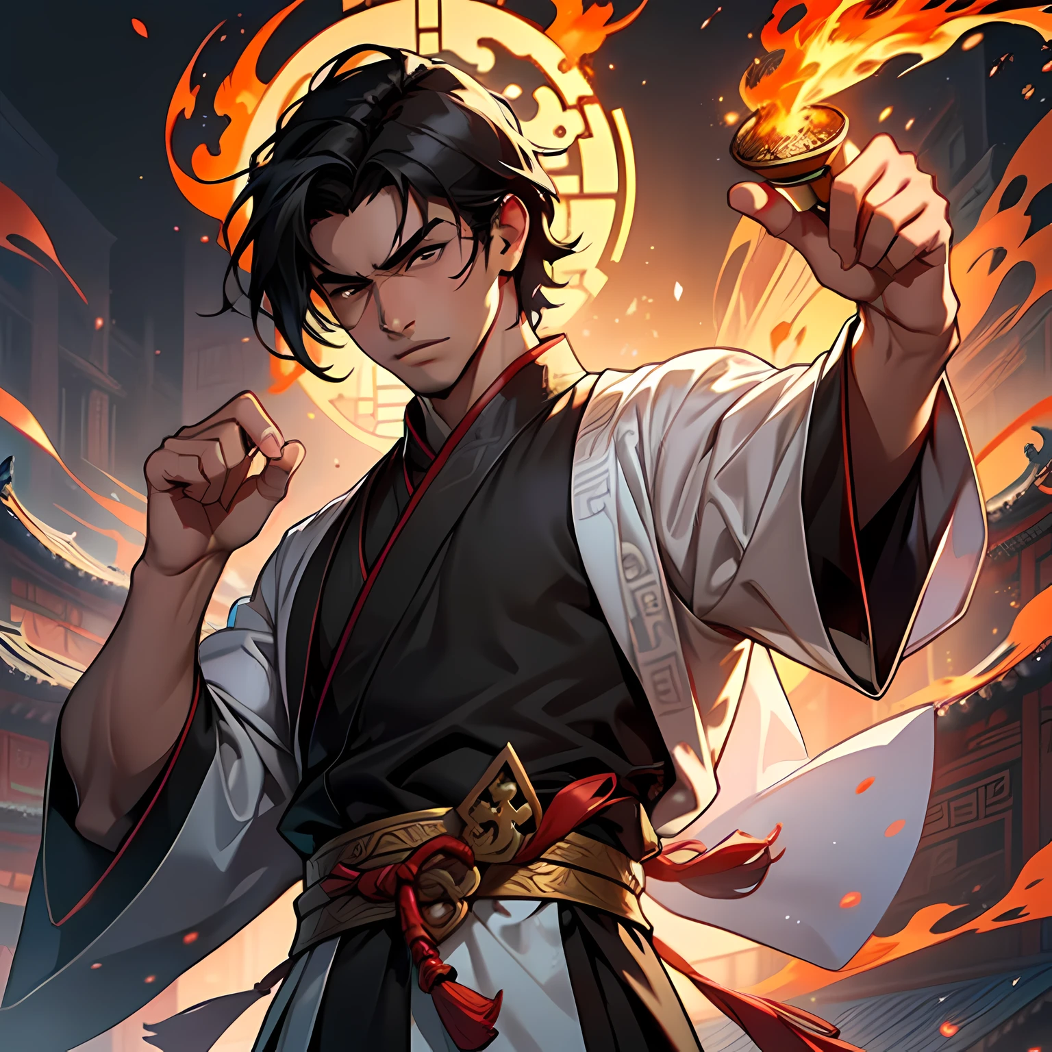 38. (1 person) ((1 boy))), (((boy)).(((black))), ((black Han youth)), ((black)), (blackhair))), royal qi, gorgeous, handsome, outstanding temperament, battle, fire, magic) (background: in ancient Chinese sacred, golden palaces).