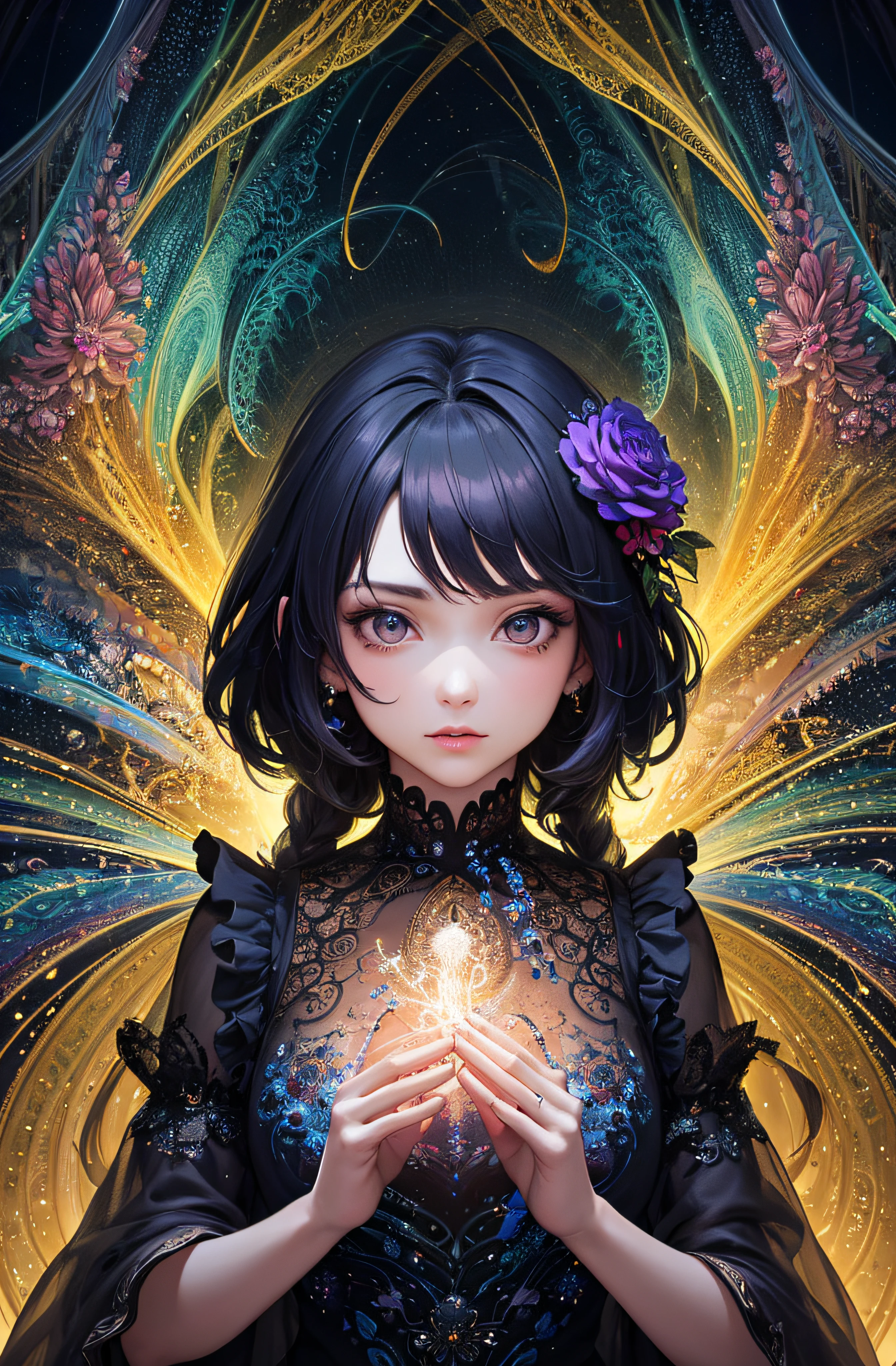 (masterpiece, top quality, best quality, official art, beautiful and aesthetic:1.2), (1girl),light painting, (long exposure:1.2),dynamic streaks,  extreme detailed,(fractal art:1.3),colorful,highest detailed,chiffon dress,jewelry,flower,fairy,upper body