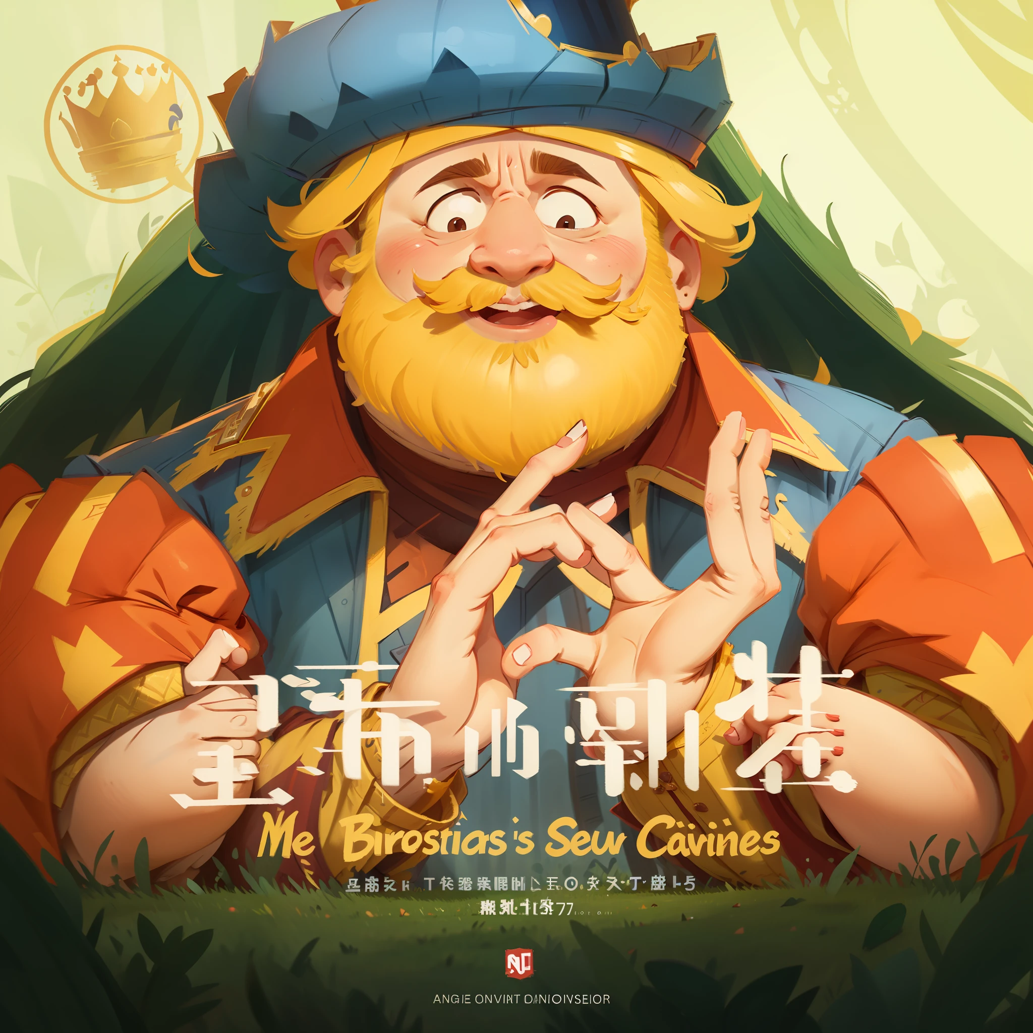 A fat king with a yellow beard, full hands, perfect fingers, five fingers