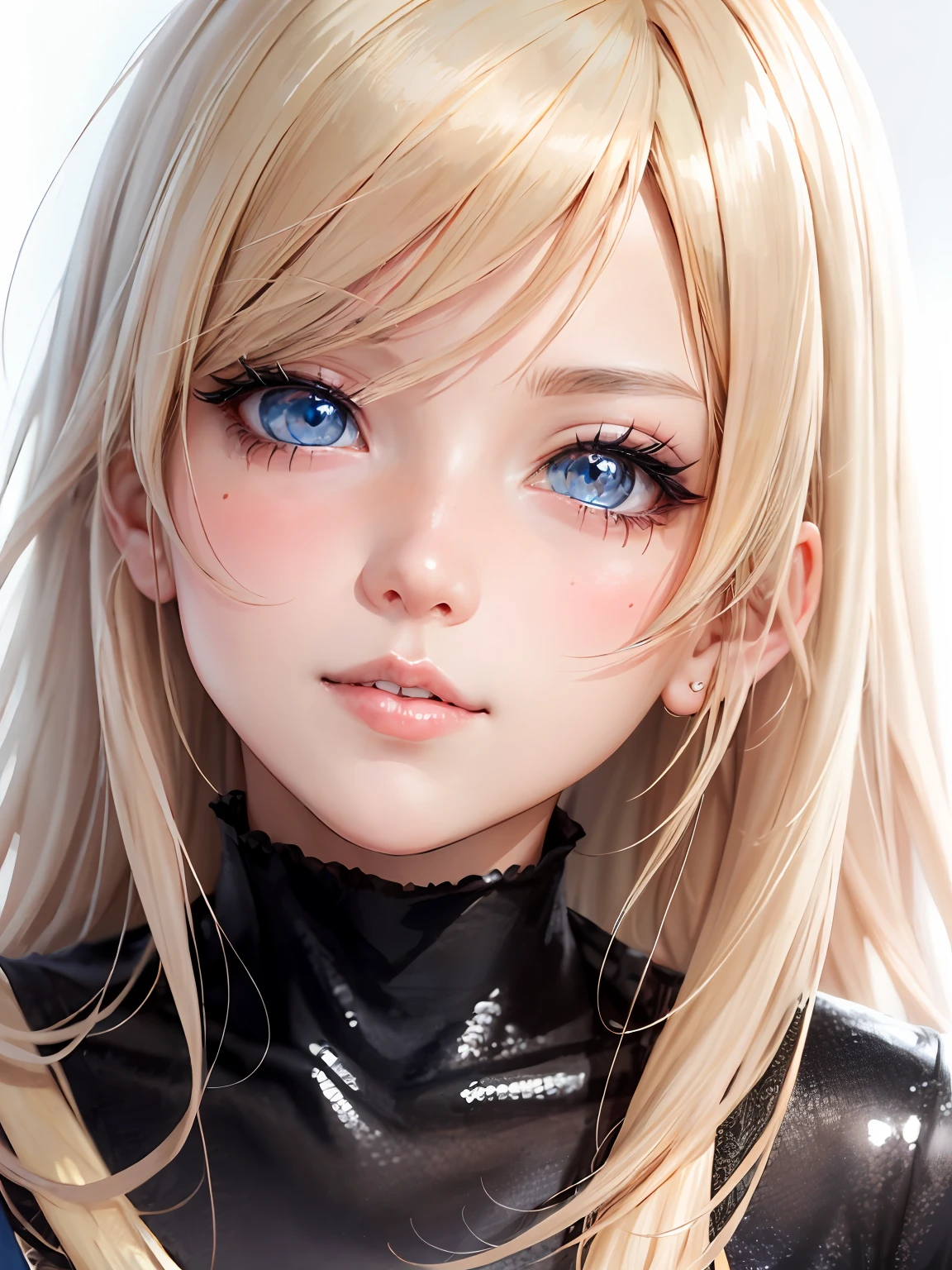 shiny, shiny hair, shiny clothes, ((face)), closeup shot, closeup, detailed eyes, anime girl with blonde hair, bangs, blue gray eyes, Aegyo-sal, eyebags, makeup, blush, blush nose, glitter on eyelids, perfect anime face, semi - realistic anime, detailed anime soft face, pink clothes, extreme details, masterpiece,